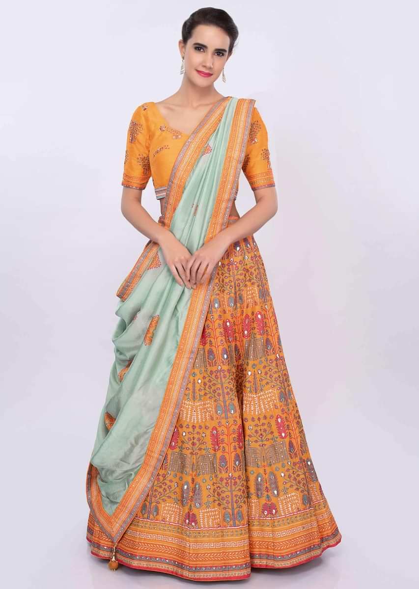 Chrome Yellow Lehenga Set With Patola Print And Mint Green Silk Dupatta Online - Kalki Fashion