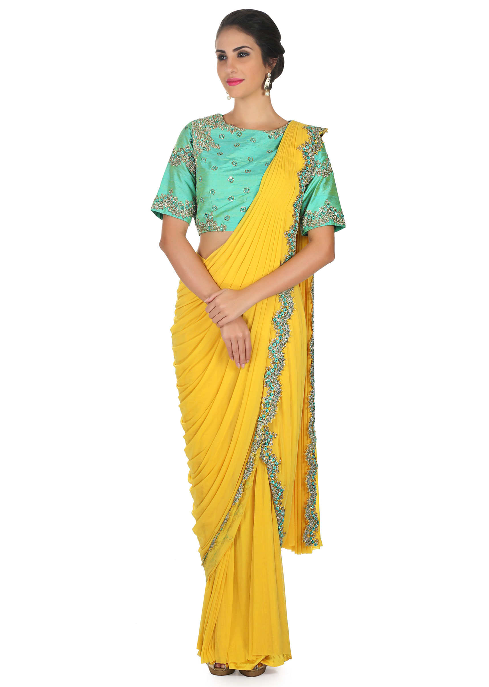 Chrome yellow pre stitched saree with turq ready embroidered blouse only on Kalki