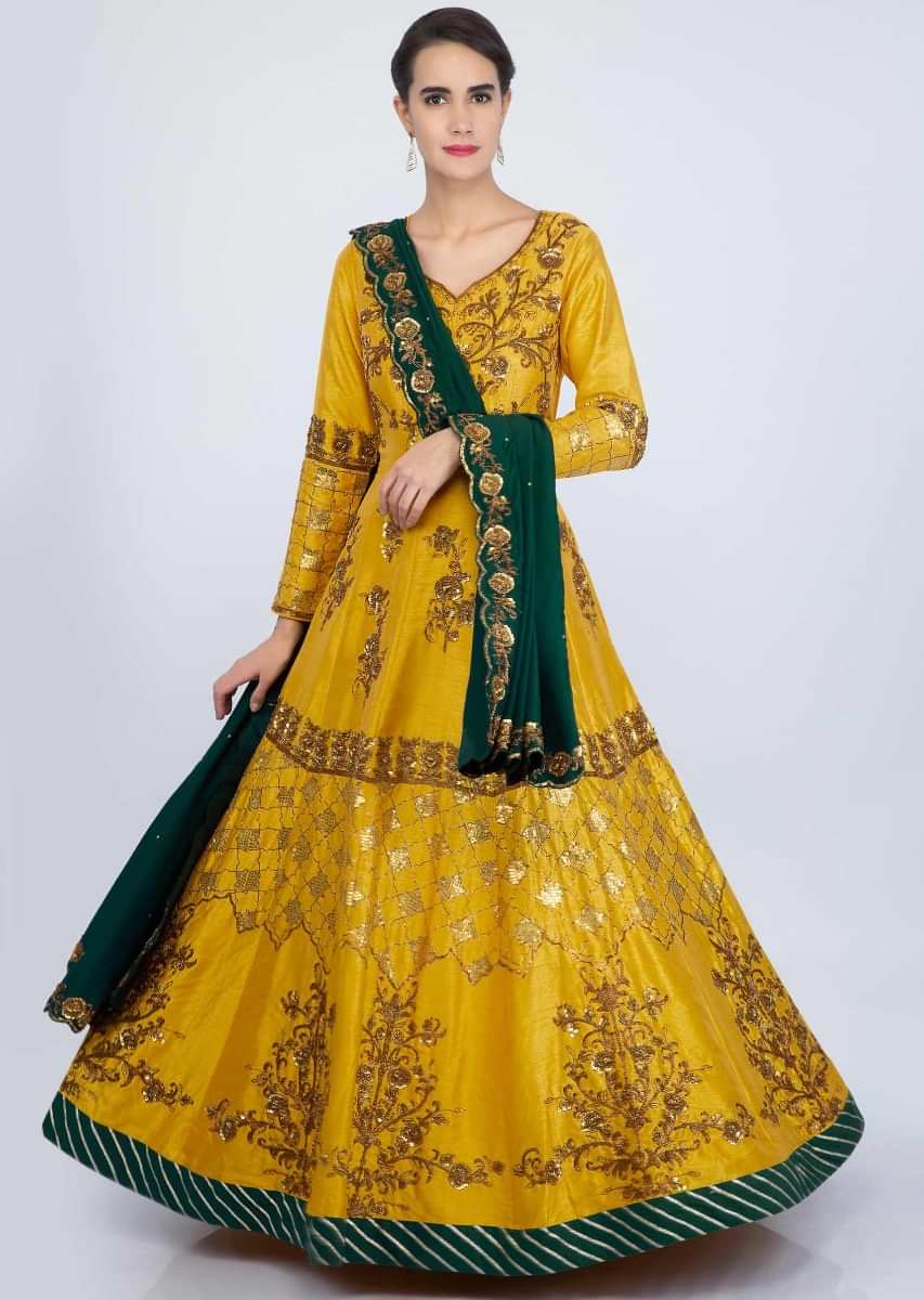 Buy Chrome Yellow Anarkali Suit In Raw Silk With Heavy Embroidery And ...