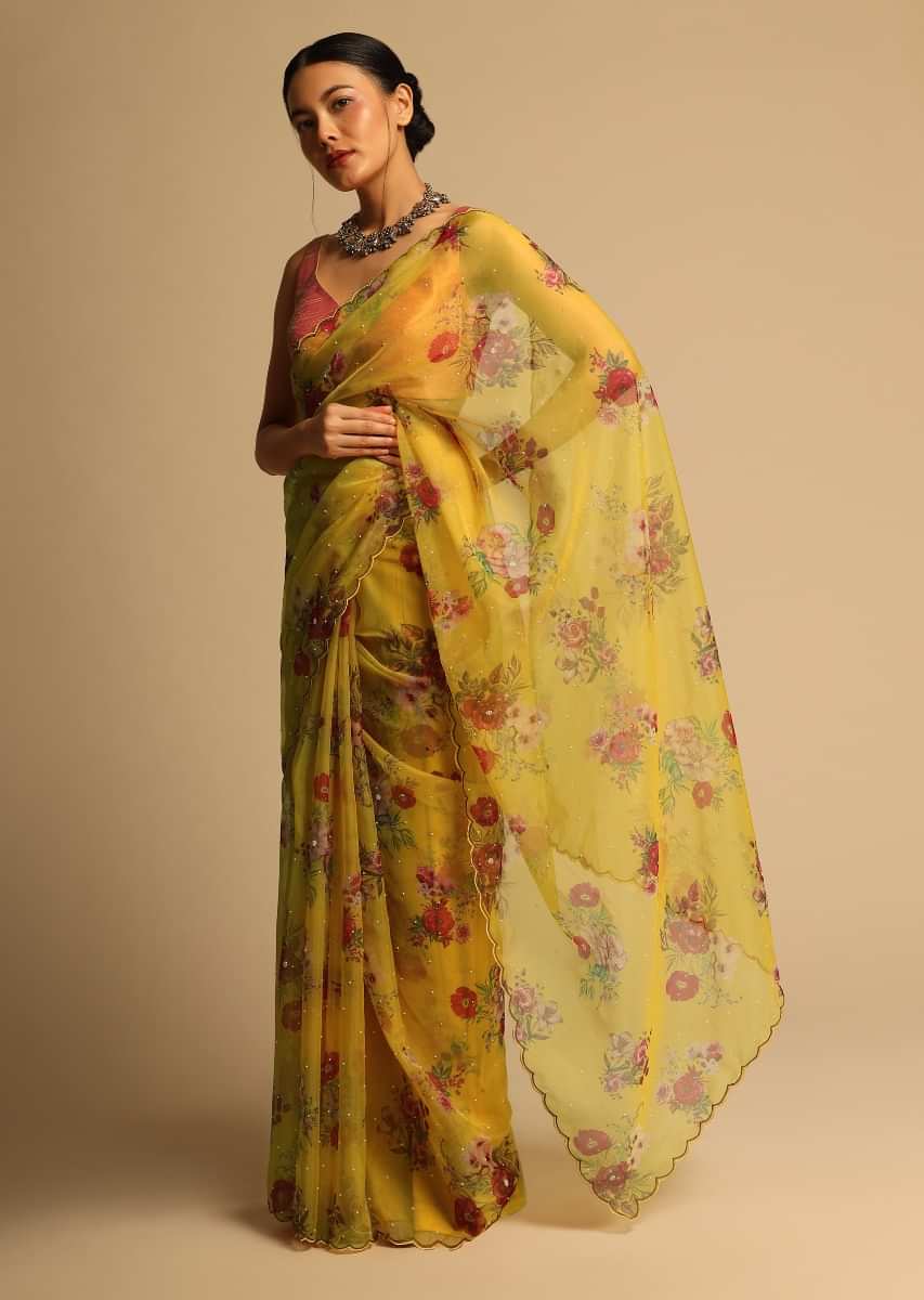 Chrome Yellow Saree In Organza With Floral Print All Over And Scalloped Resham Border Along With Unstitched Blouse