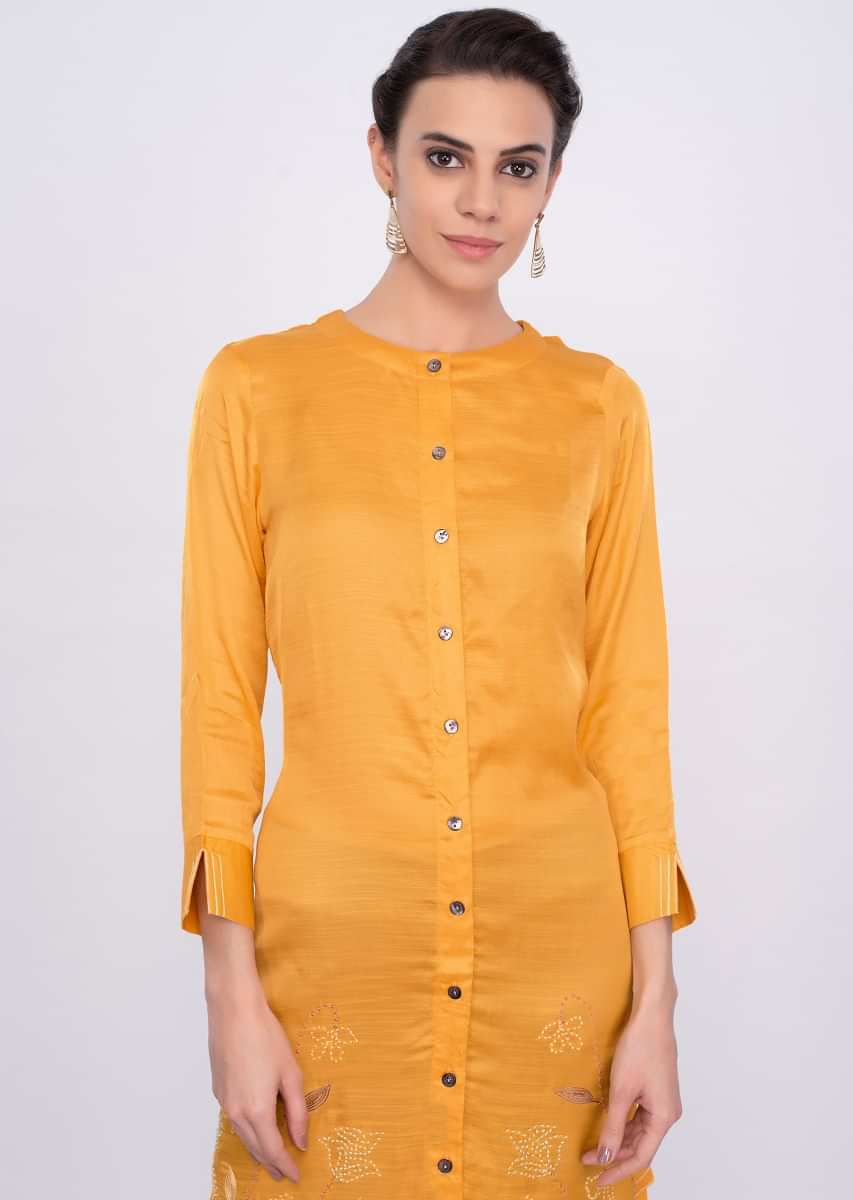 Chrome yellow satin silk kurti with multi color french knot and thread embroidery only on Kalki