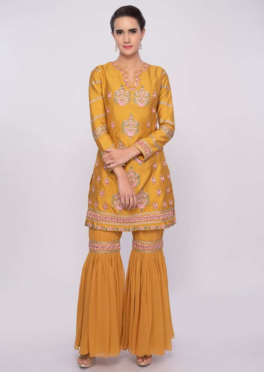 Chrome yellow sharara suit in multi color resham embroidery only on Kalki
