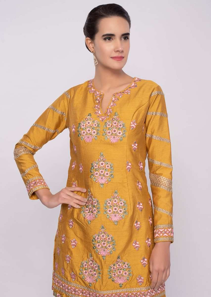 Chrome yellow sharara suit in multi color resham embroidery only on Kalki