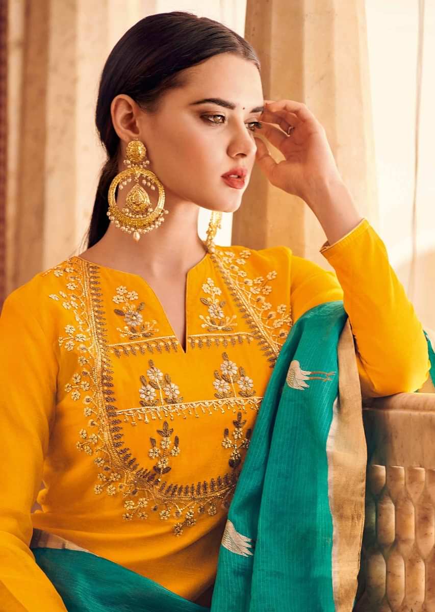 Chrome yellow straight suit in silk with pita zari embroidery
