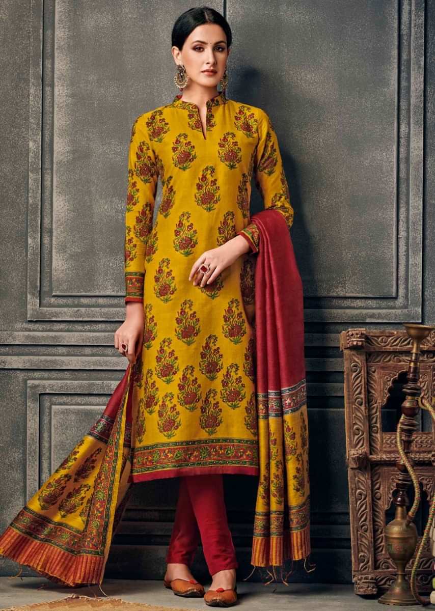 Chrome yellow suit with floral printed butti all over 