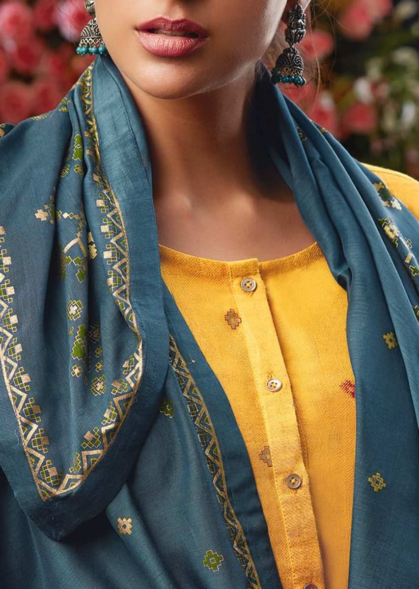 Chrome yellow unstitched suit in silk with ikkat motif foil print 
