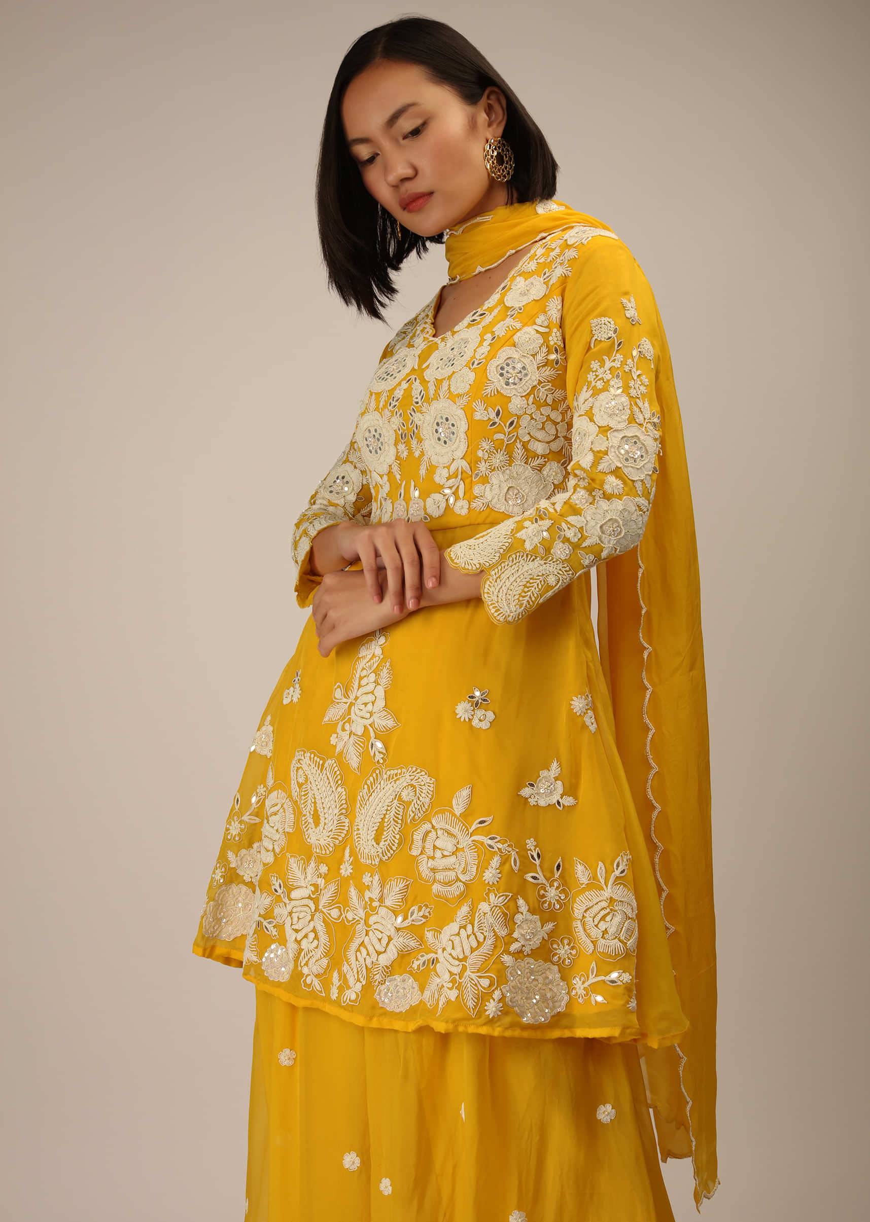 Chrome Yellow A Line Palazzo Suit In Organza Silk With Thread, Moti And Mirror Embroidered Floral Motifs