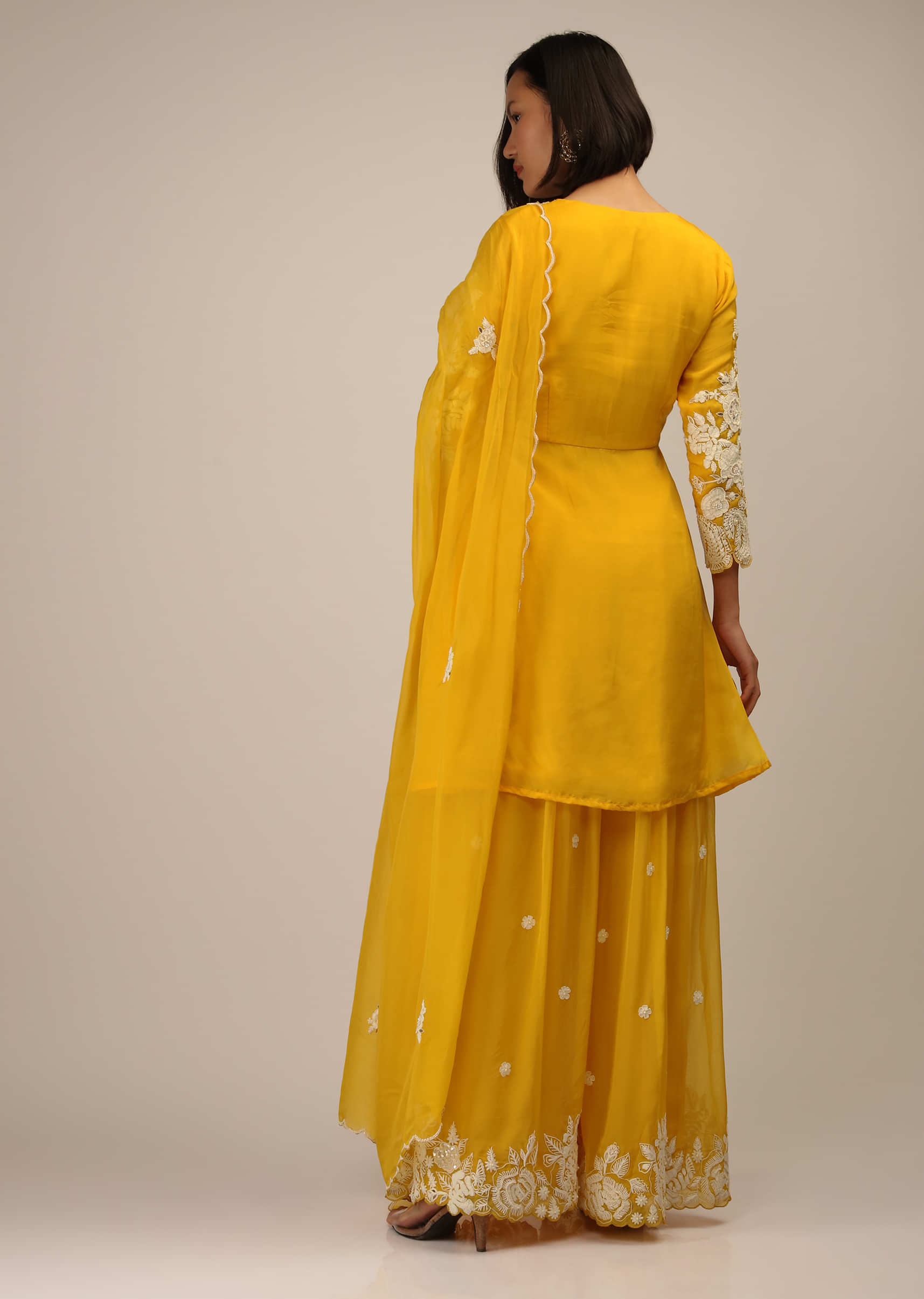 Chrome Yellow A Line Palazzo Suit In Organza Silk With Thread, Moti And Mirror Embroidered Floral Motifs