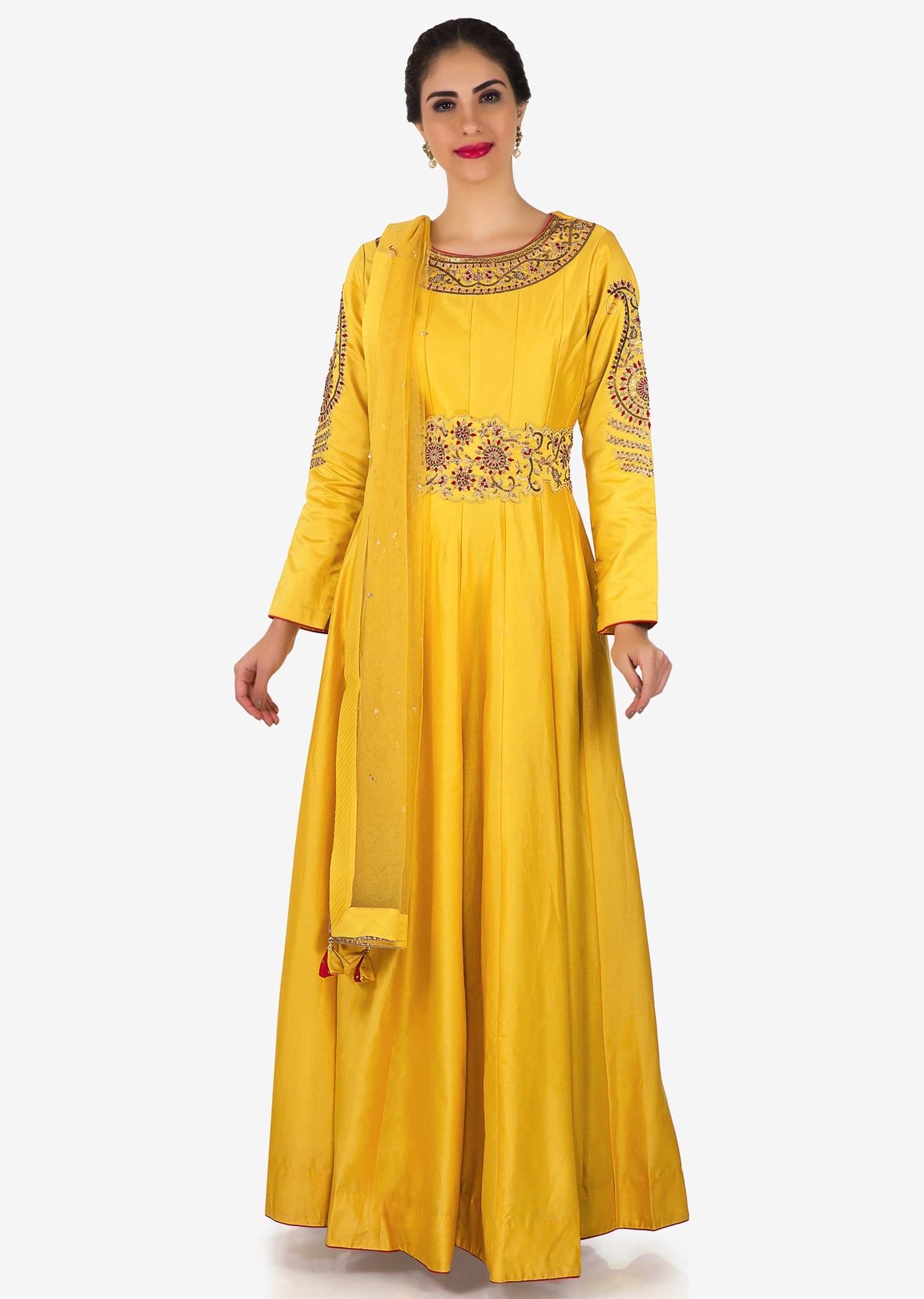 Chrome yellow anarkali suit in silk with french knot embroidered neckline only on Kalki