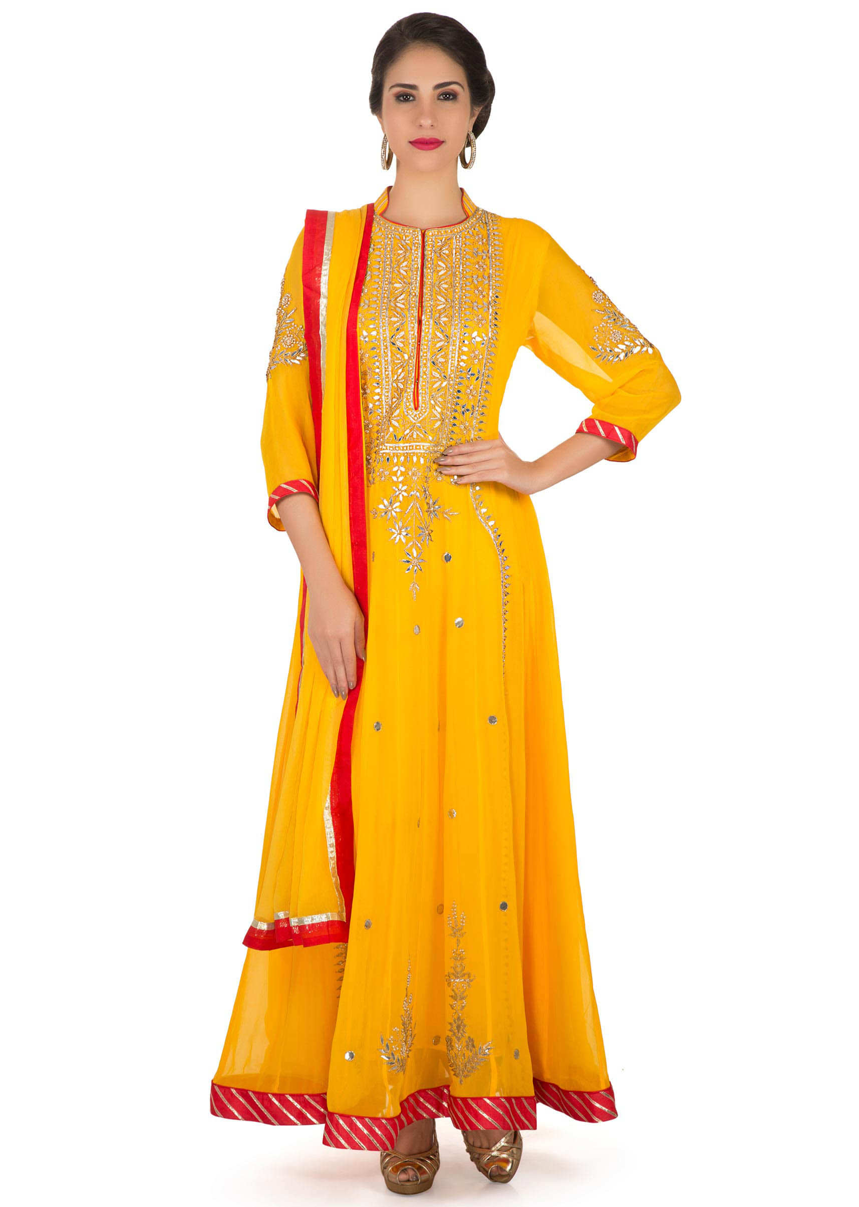 Buy Chrome Yellow Anarkali Suit With Embroidered Placket And Kali ...