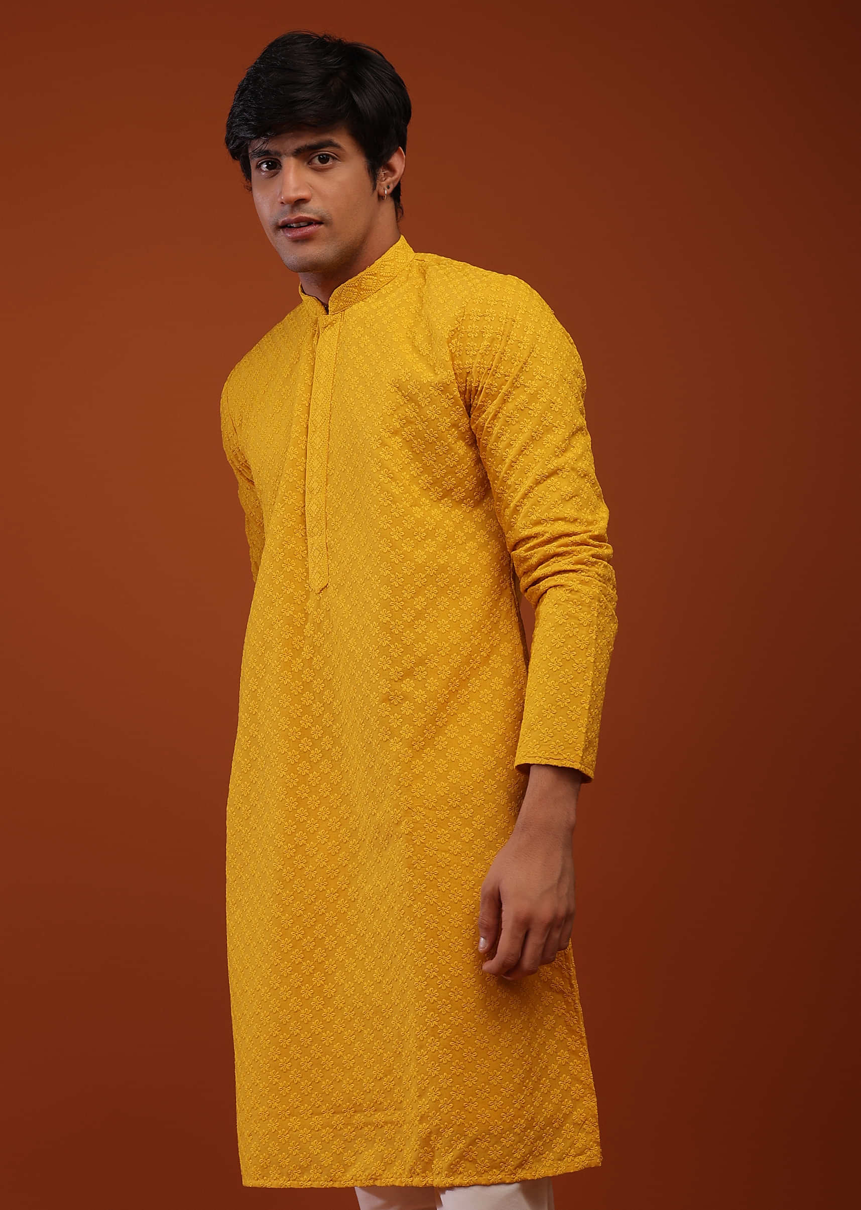 Chrome Yellow Raw Silk Kurta Set With Lucknowi Embroidery, Hook Closure And A Placket On The Yoke