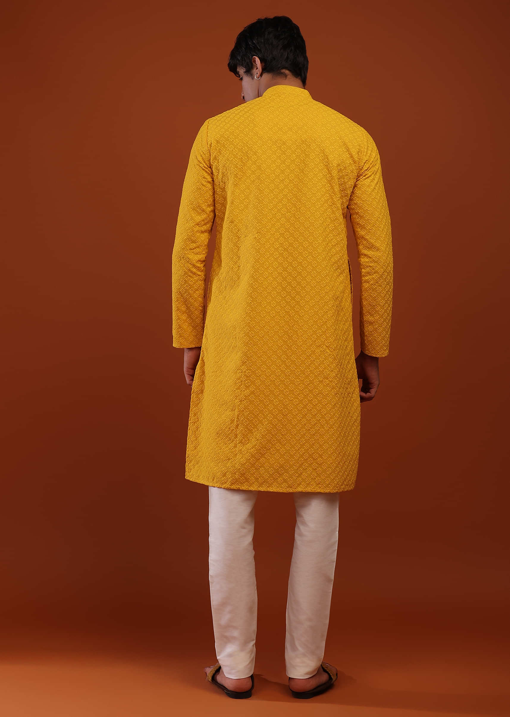 Chrome Yellow Raw Silk Kurta Set With Lucknowi Embroidery, Hook Closure And A Placket On The Yoke