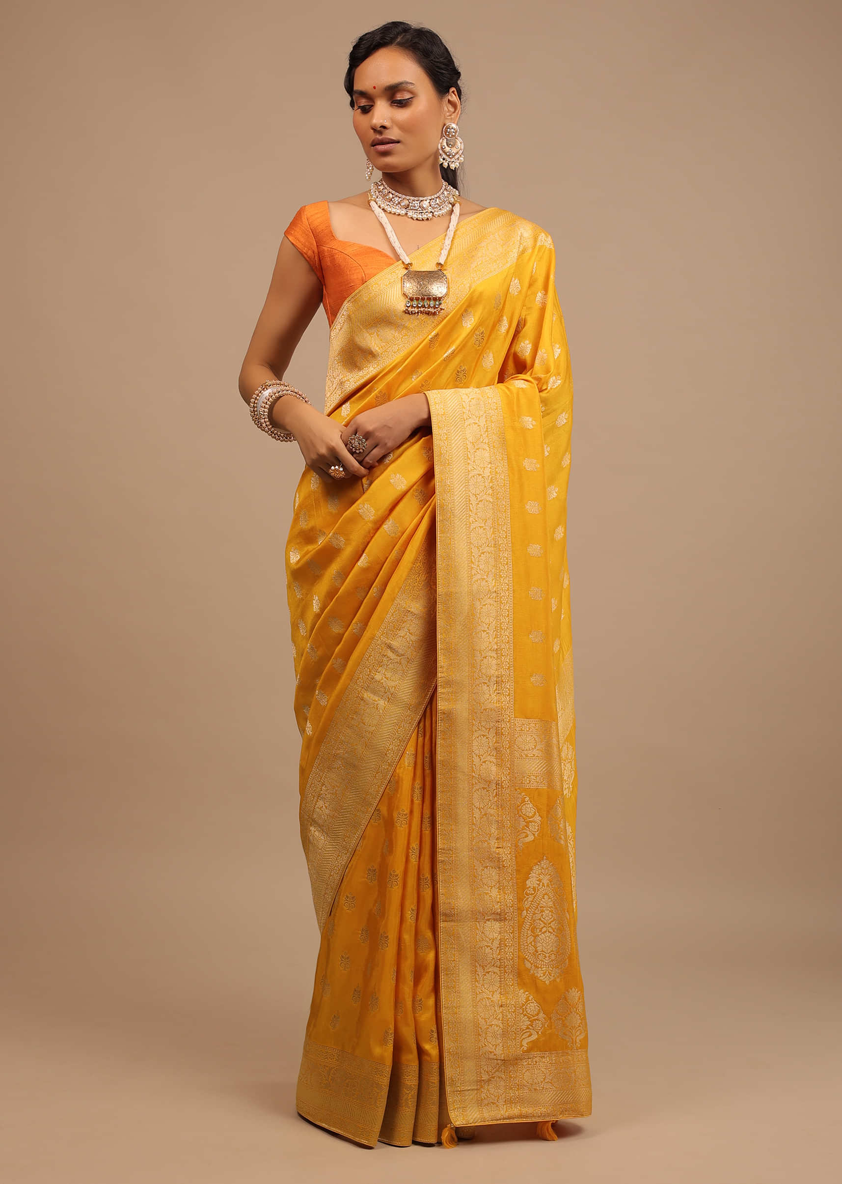 Chrome Yellow Saree In Dola Silk With Woven Buttis And Floral Pallu Weave