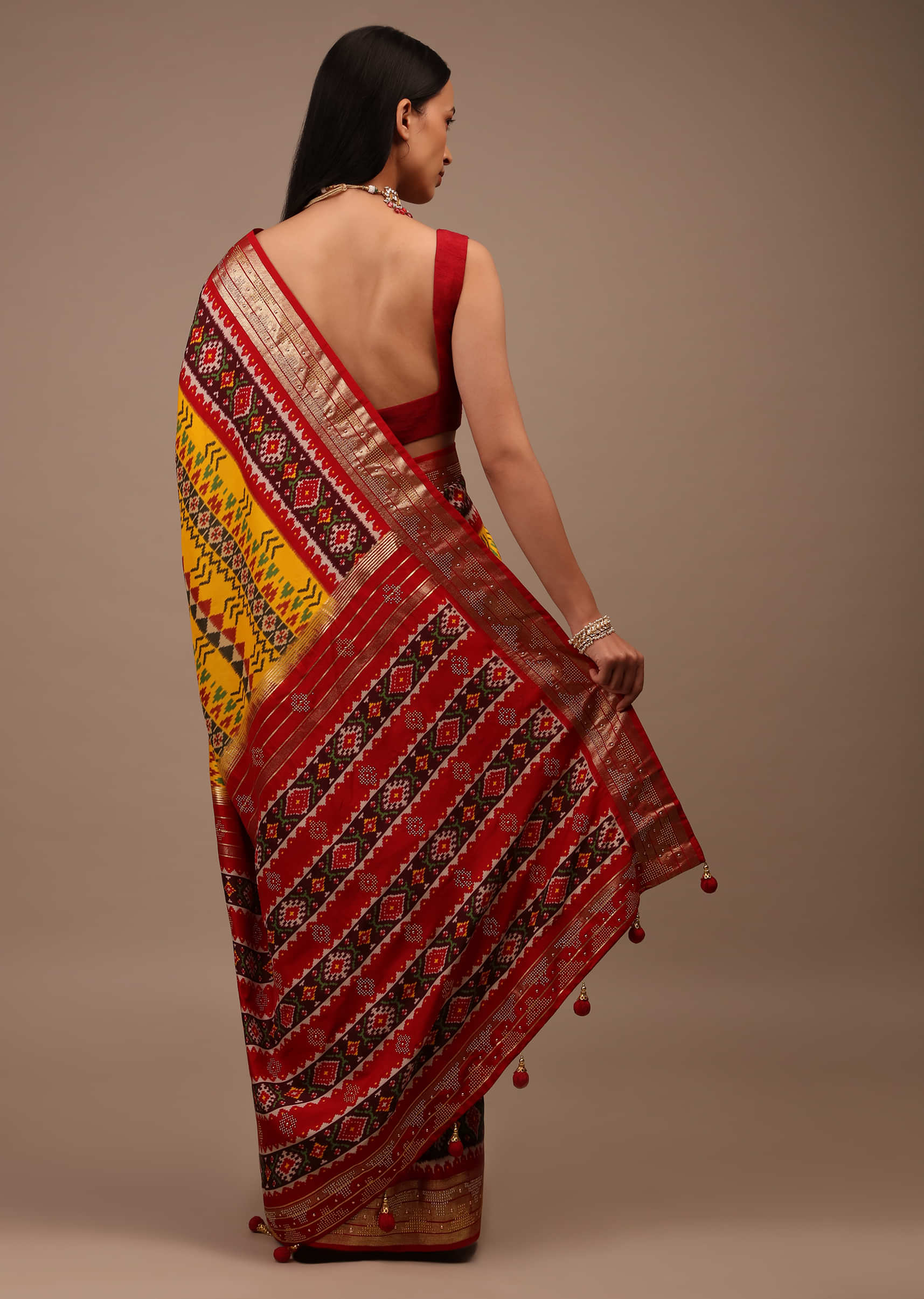 Chrome Yellow Saree In Silk With Multi Colored Patola And Foil Print And Contrasting Maroon Border