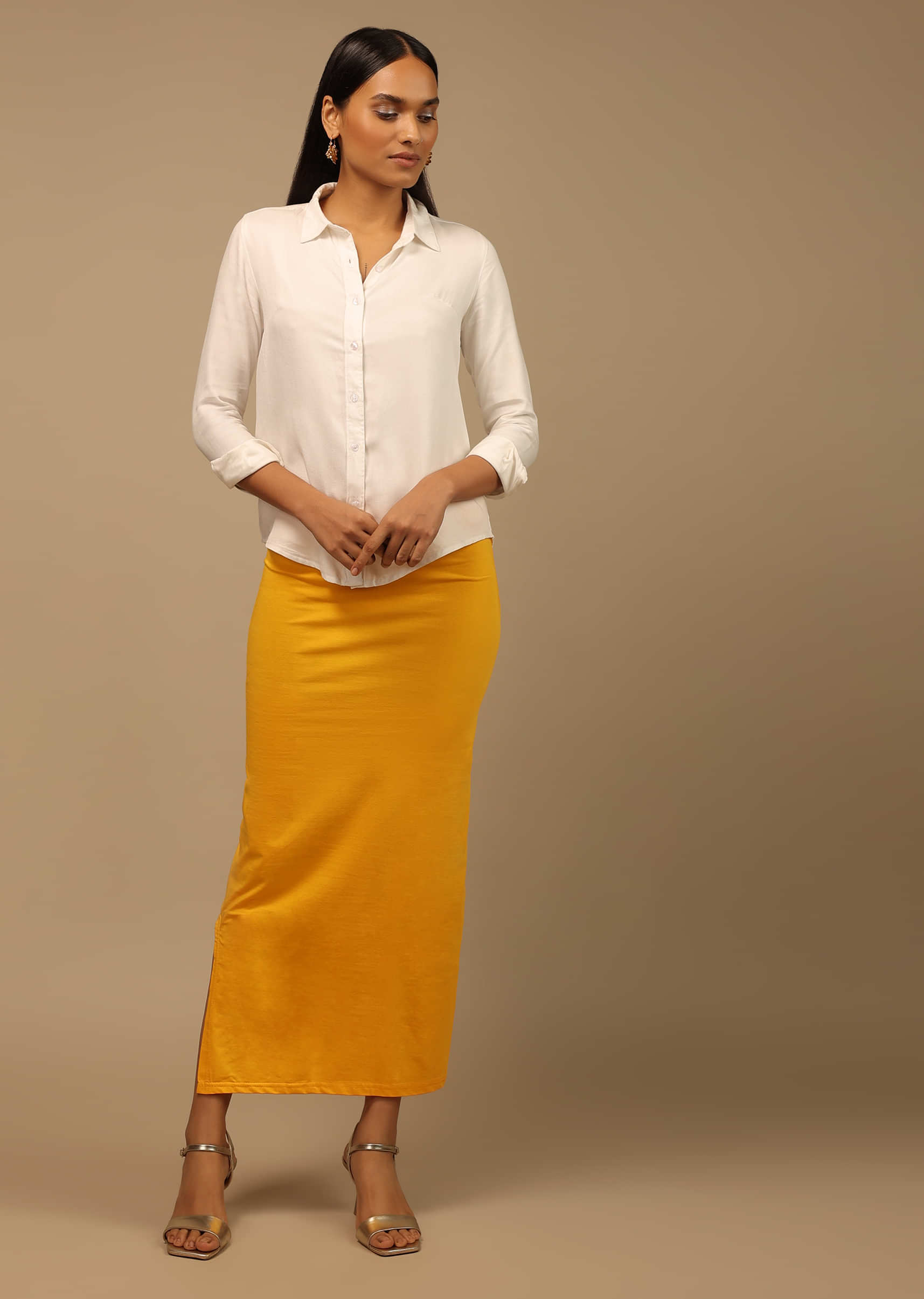 Lemon Yellow Shapewear Saree Petticoat In Cotton Lycra With Elastic  Waistband And Slit