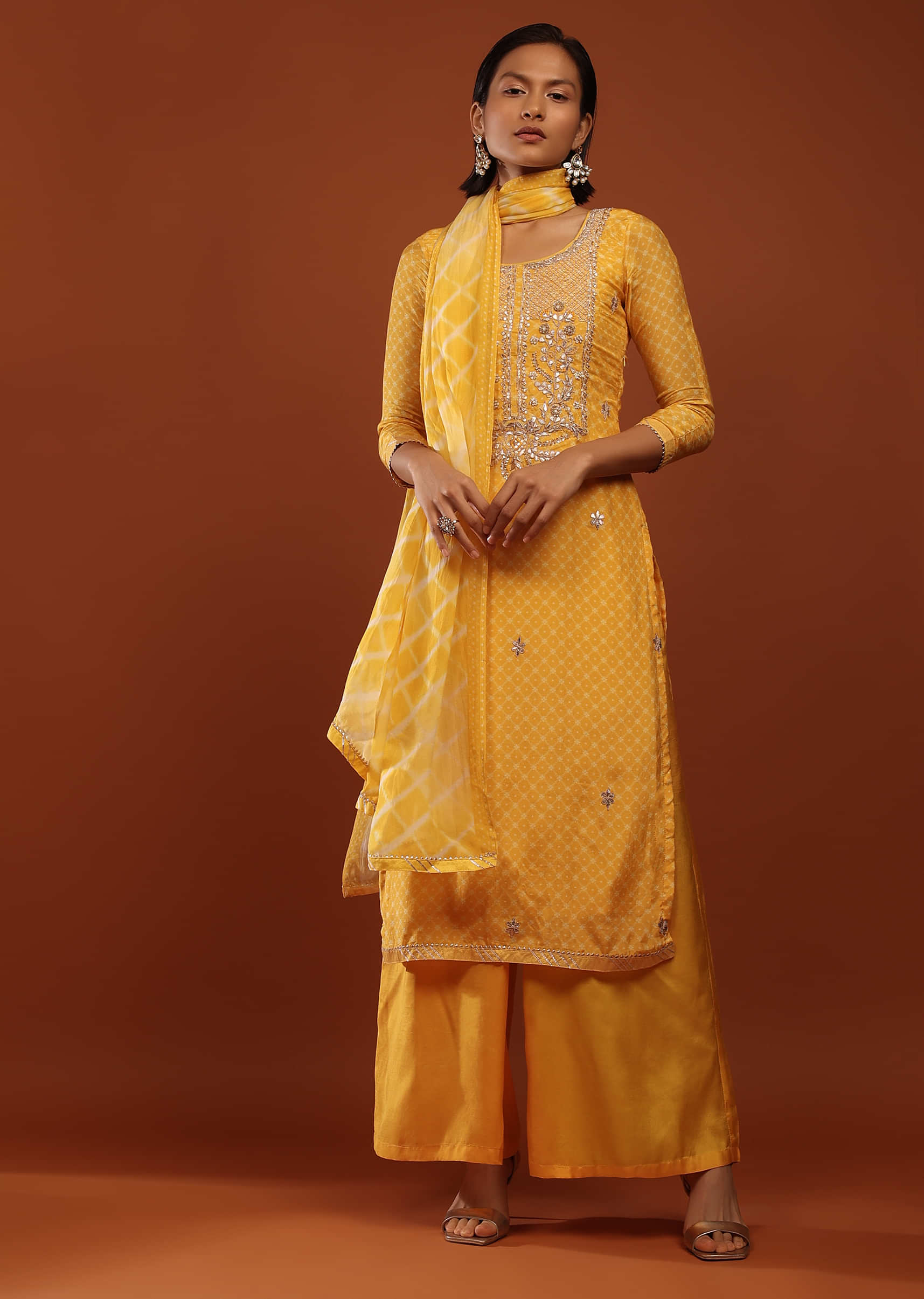 Canary Yellow Straight Cut Palazzo Suit With Bandhani Print And Embroidery