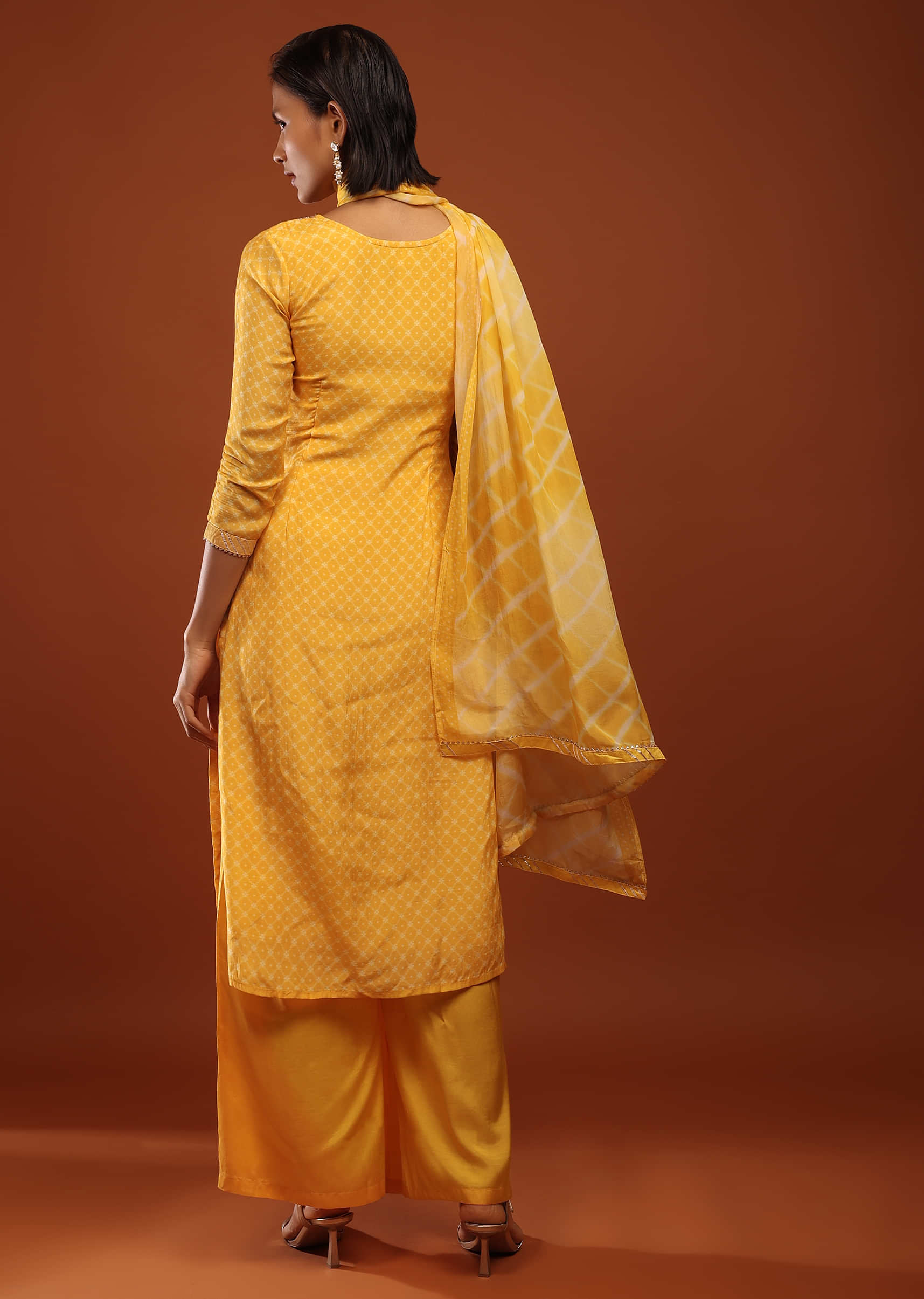 Canary Yellow Straight Cut Palazzo Suit With Bandhani Print And Embroidery