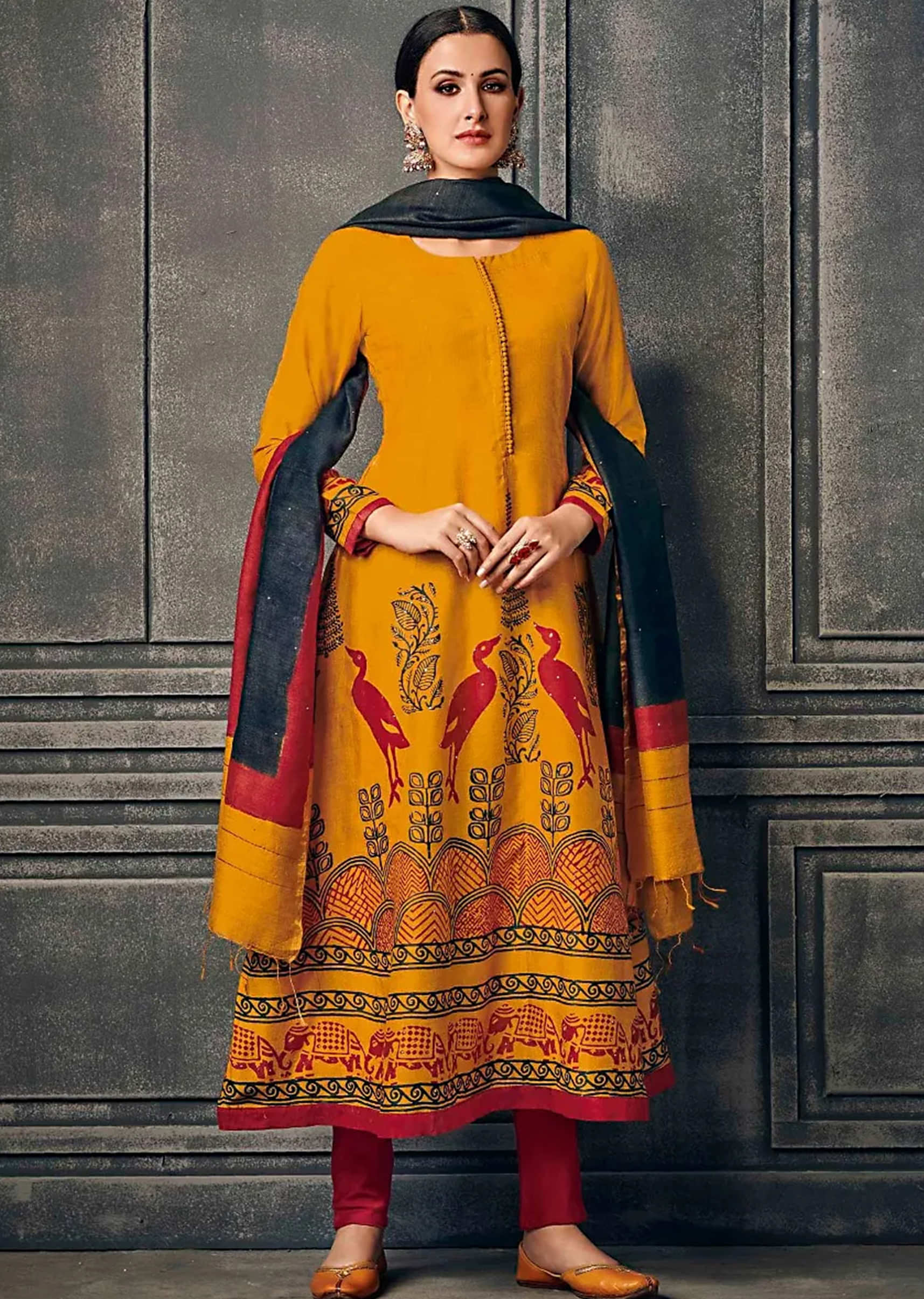 Chrome Yellow Suit With Printed Hem Line And Contrast Jade Green Dupatta