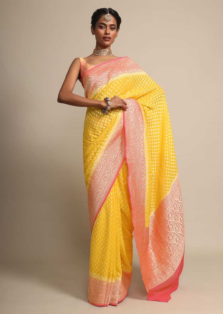 Chrome Yellow Weaved Georgette Saree With Contrasting Coral Border