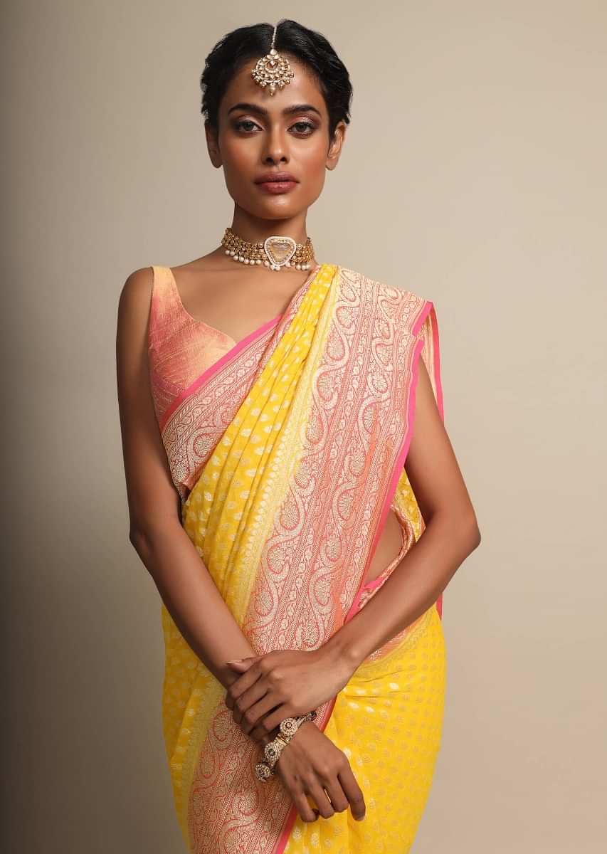 Chrome Yellow Weaved Georgette Saree With Contrasting Coral Border