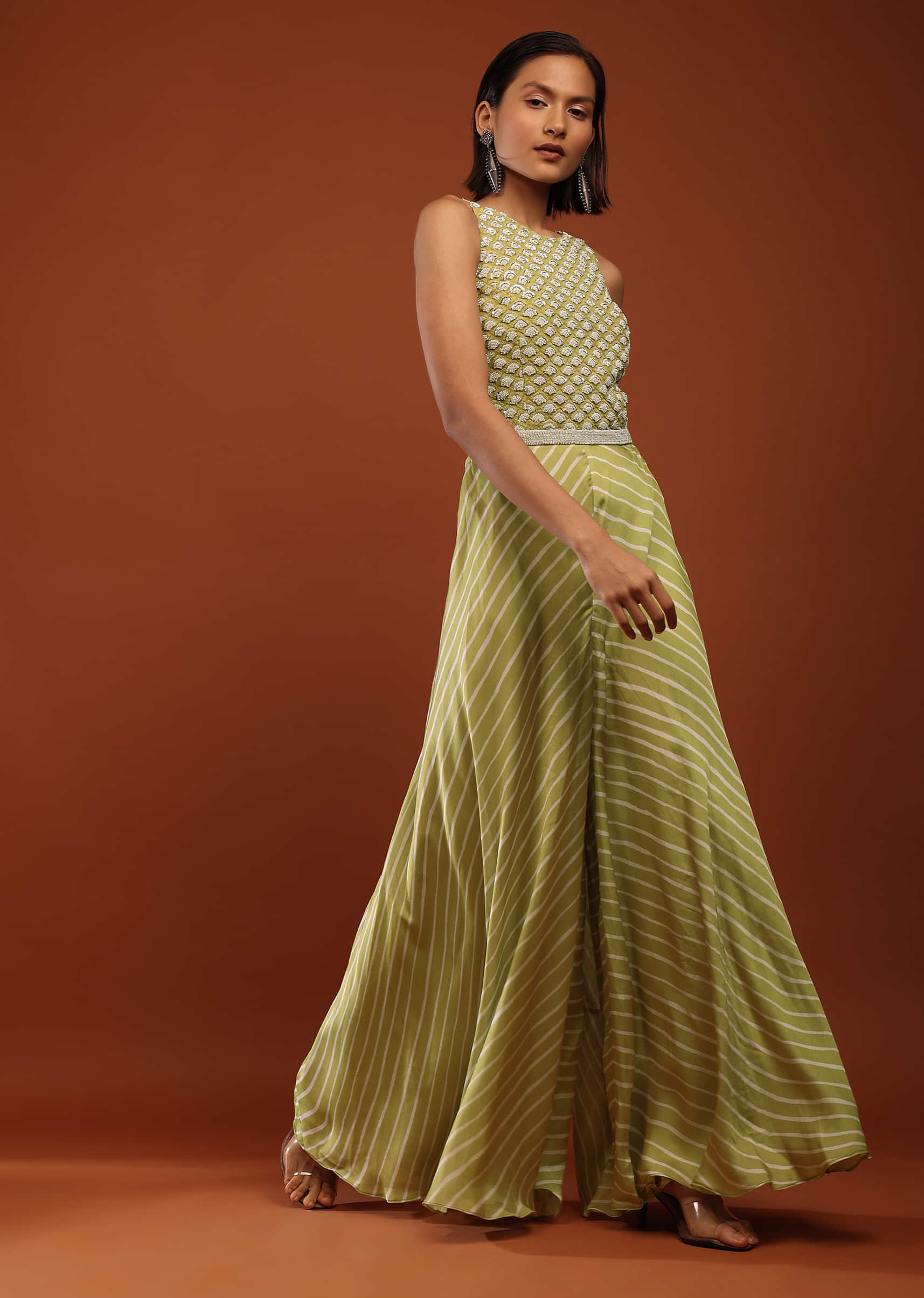 Citronelle Green Jumpsuit In Satin With Lehariya Print And Moti Embroidered Bodice