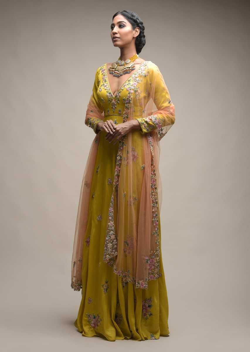 Citrus Anarkali In Raw Silk With Plunging V Neckline And Resham Embroidered Blossom Buttis Online - Kalki Fashion