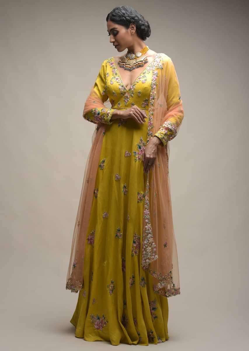 Citrus Anarkali In Raw Silk With Plunging V Neckline And Resham Embroidered Blossom Buttis Online - Kalki Fashion