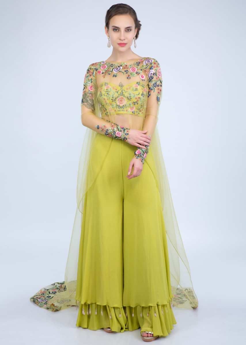 Citrus Green Layered Palazzo With Strapless Bustier And Long Embroidered Net Cape Online - Kalki Fashion