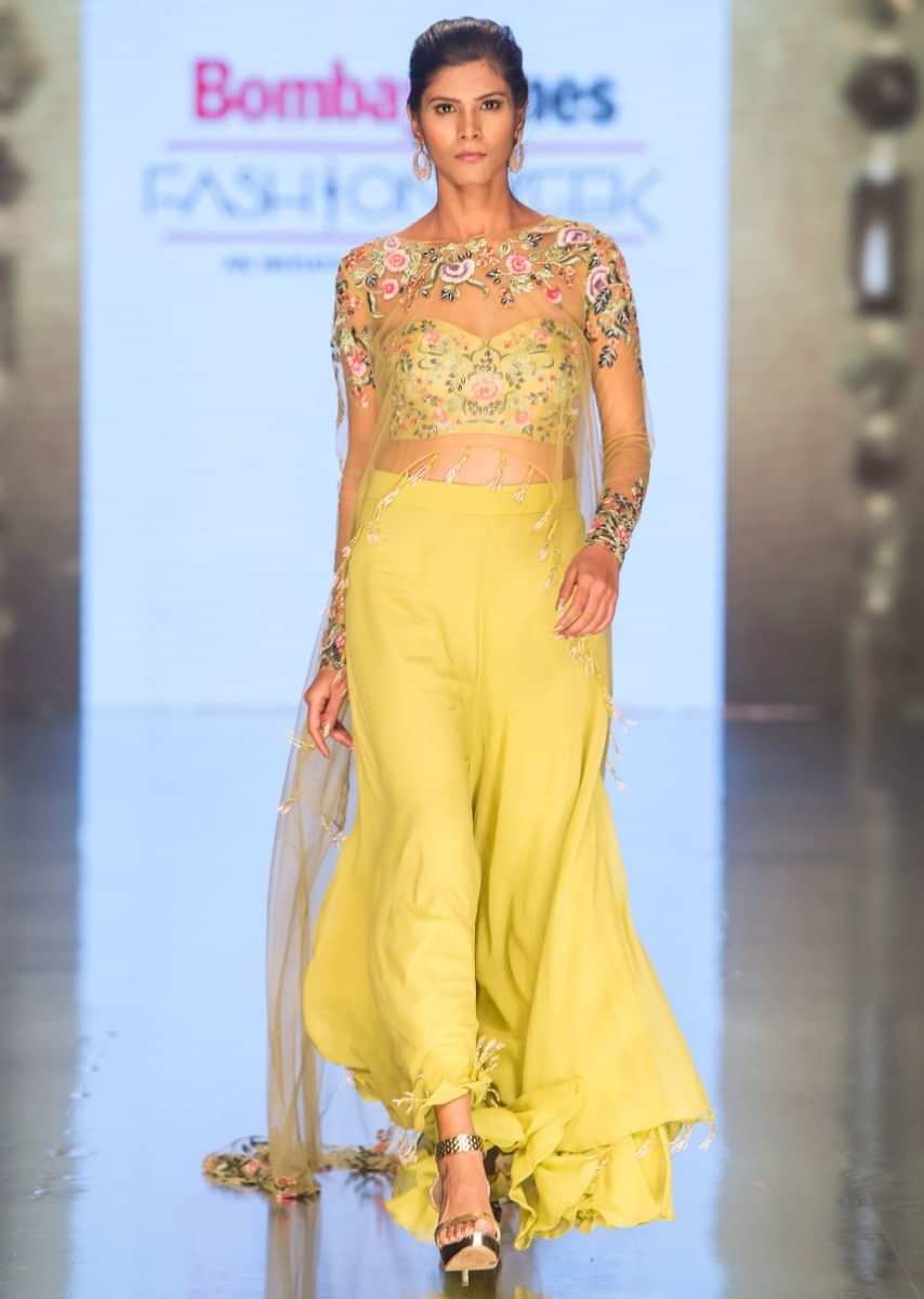 Citrus Green Layered Palazzo With Strapless Bustier And Long Embroidered Net Cape Online - Kalki Fashion