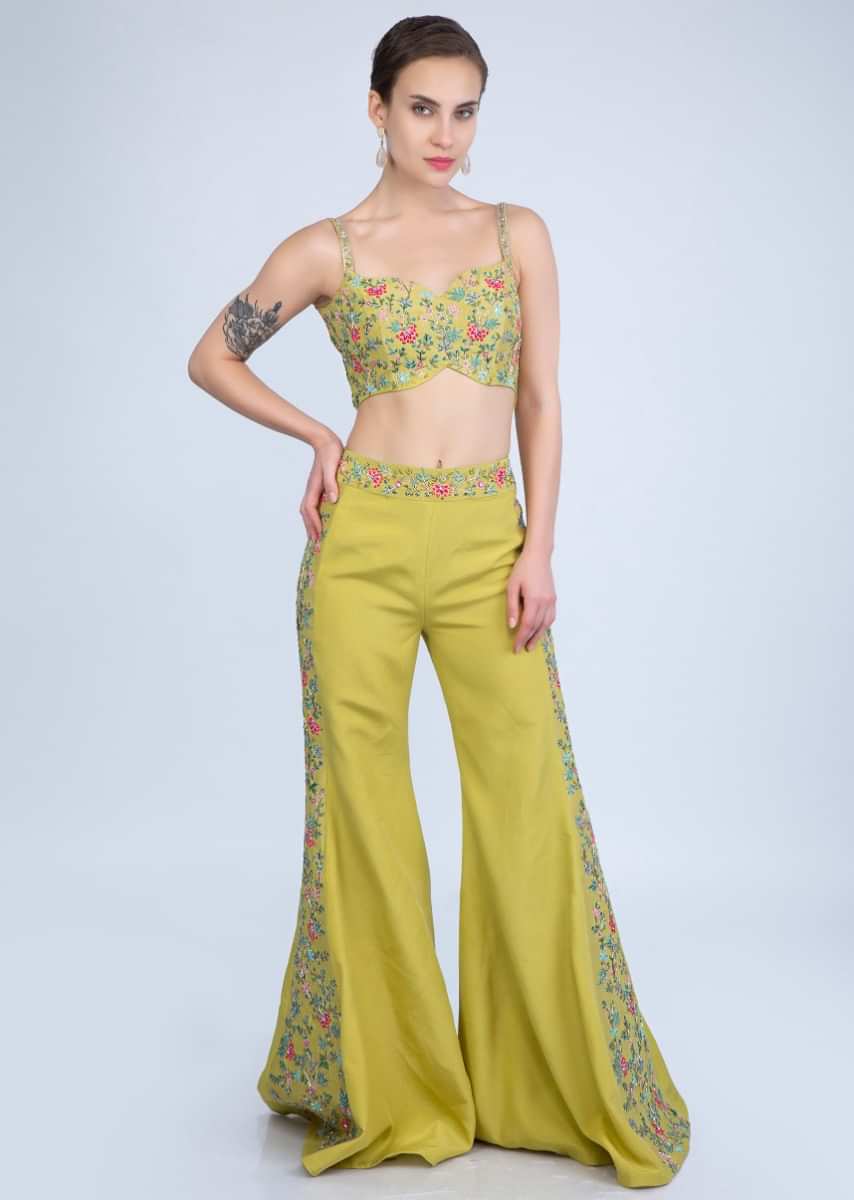 Citrus Green Flared Pant Paired With Embroidered Crop Top And Embroidered Net Peplum Jacket Online - Kalki Fashion