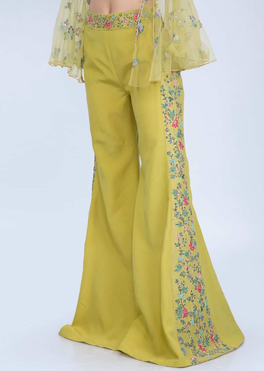 Citrus Green Flared Pant Paired With Embroidered Crop Top And Embroidered Net Peplum Jacket Online - Kalki Fashion