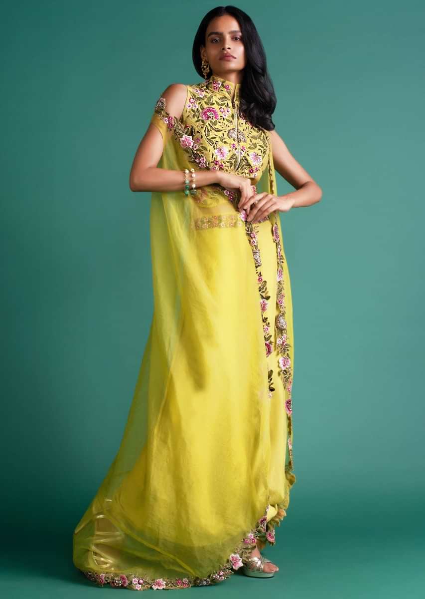 Citrus Green Halter Neck Crop Top And Cowl Draped Skirt With A Matching Net Jacket Online - Kalki Fashion