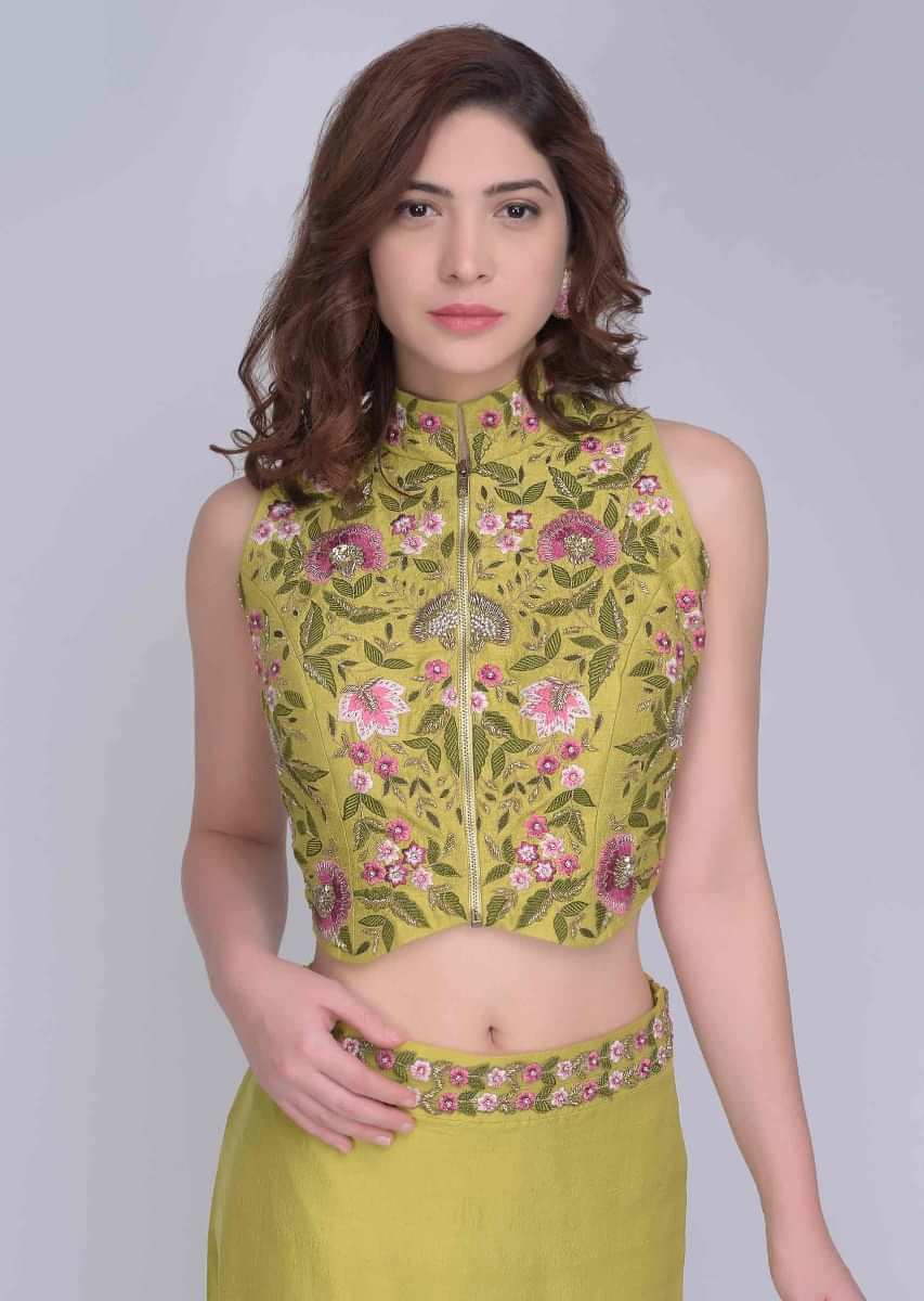 Citrus Green Halter Neck Crop Top And Cowl Draped Skirt With A Matching Net Jacket Online - Kalki Fashion