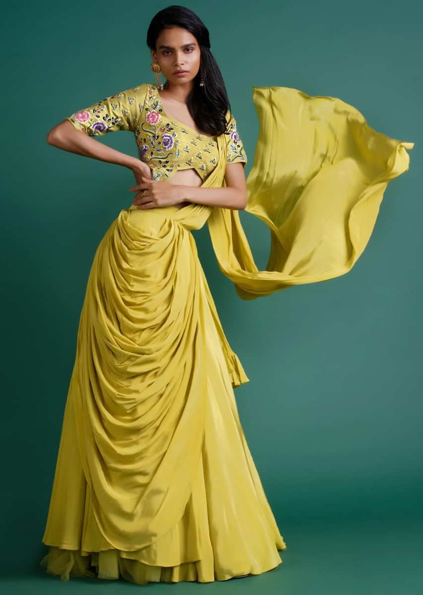 Citrus Green Layered Lehenga With Pre Stitched Pallo And Matching Embellished Crop Top 