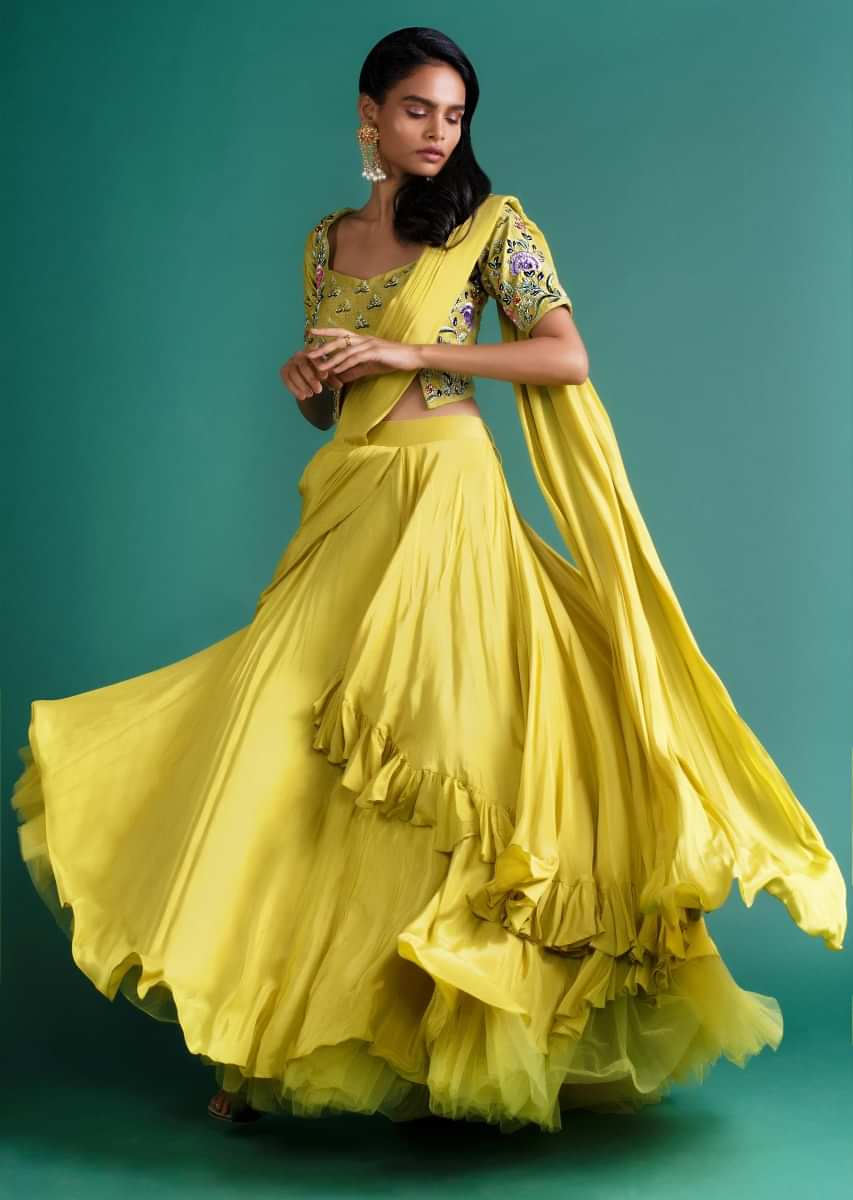 Citrus Green Layered Lehenga With Pre Stitched Pallo And Matching Embellished Crop Top 