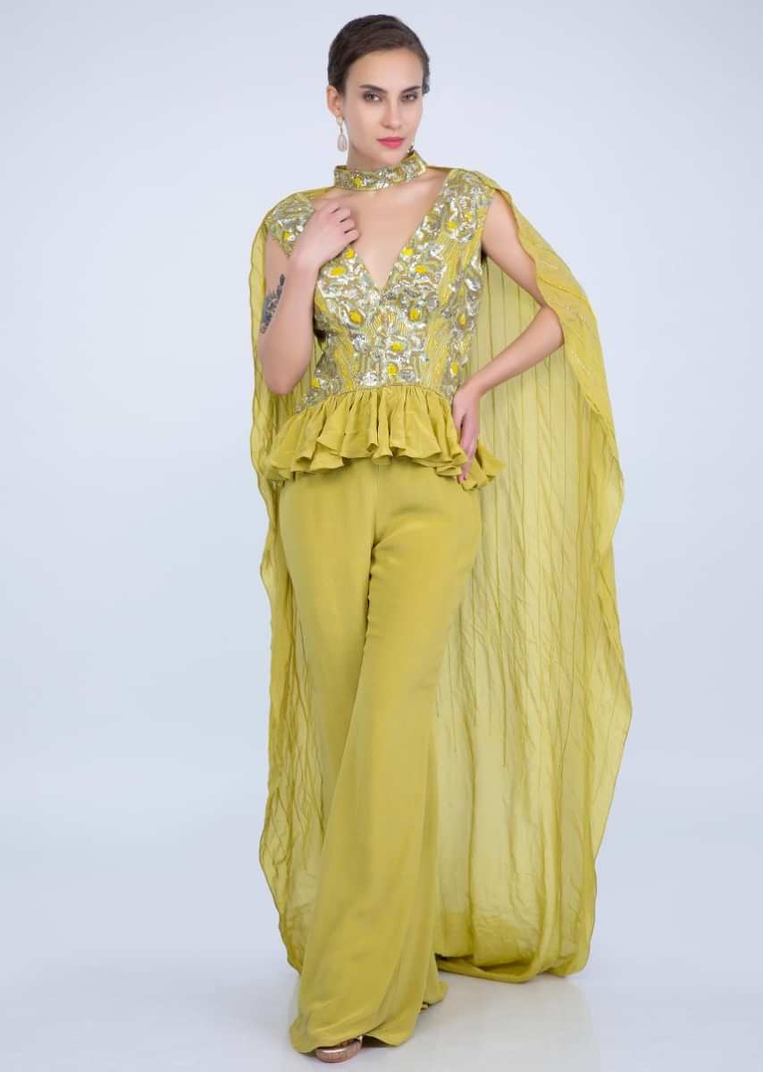 Citrus Green Peplum Top And Palazzo With Embroidered Collar Cape Online - Kalki Fashion