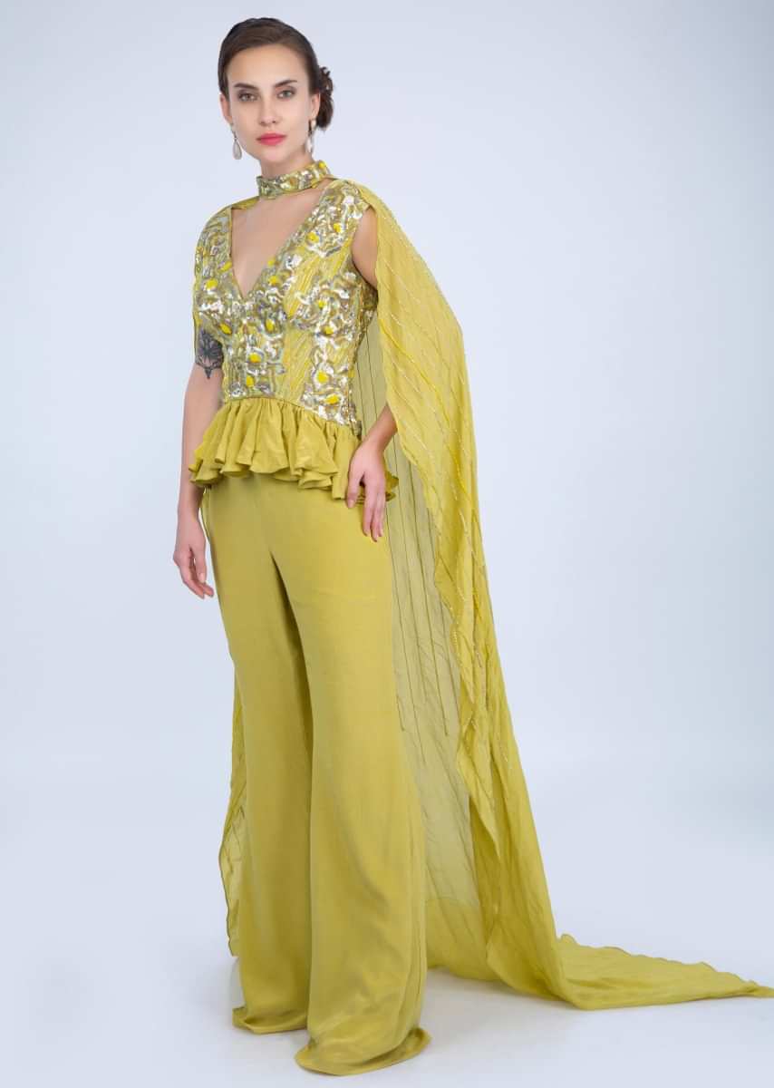 Citrus Green Peplum Top And Palazzo With Embroidered Collar Cape Online - Kalki Fashion