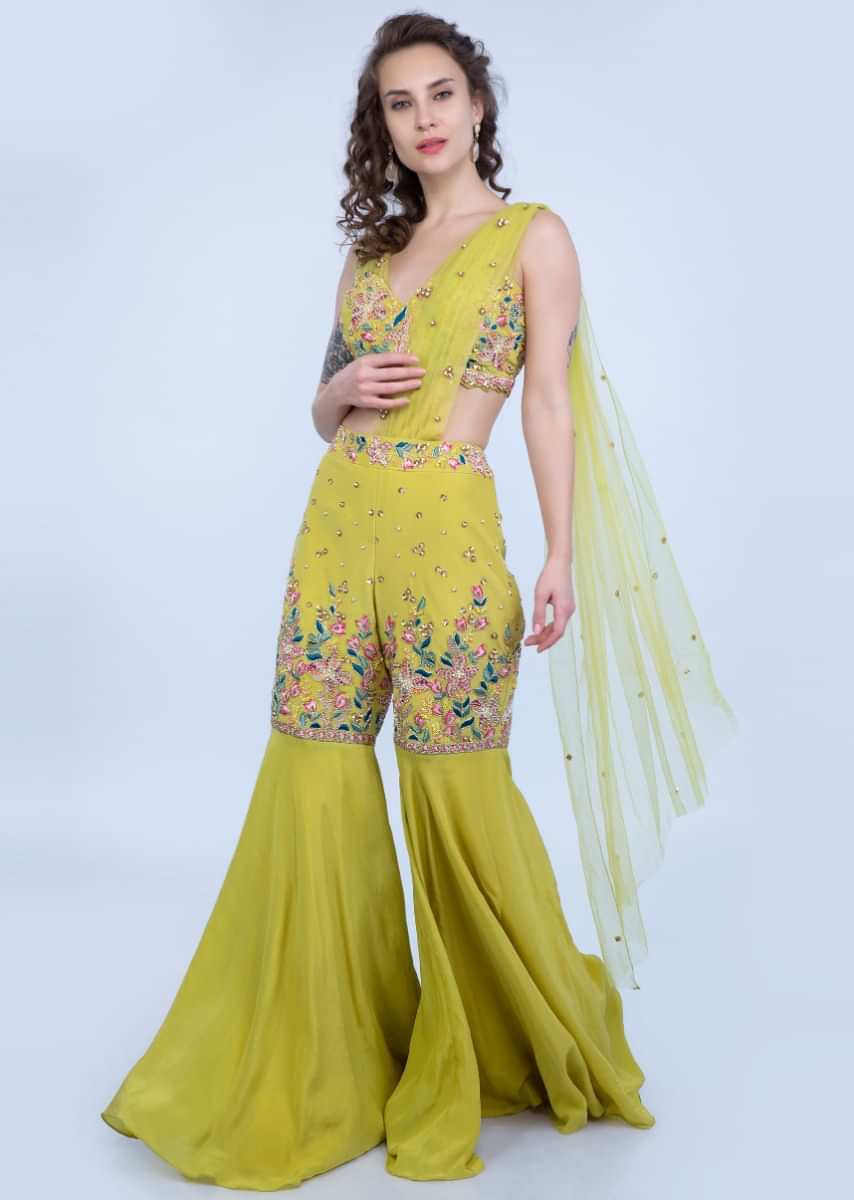 Citrus Green Sharara With Pre Stitched Net Dupatta Paired With A Matching Crop Top Online - Kalki Fashion