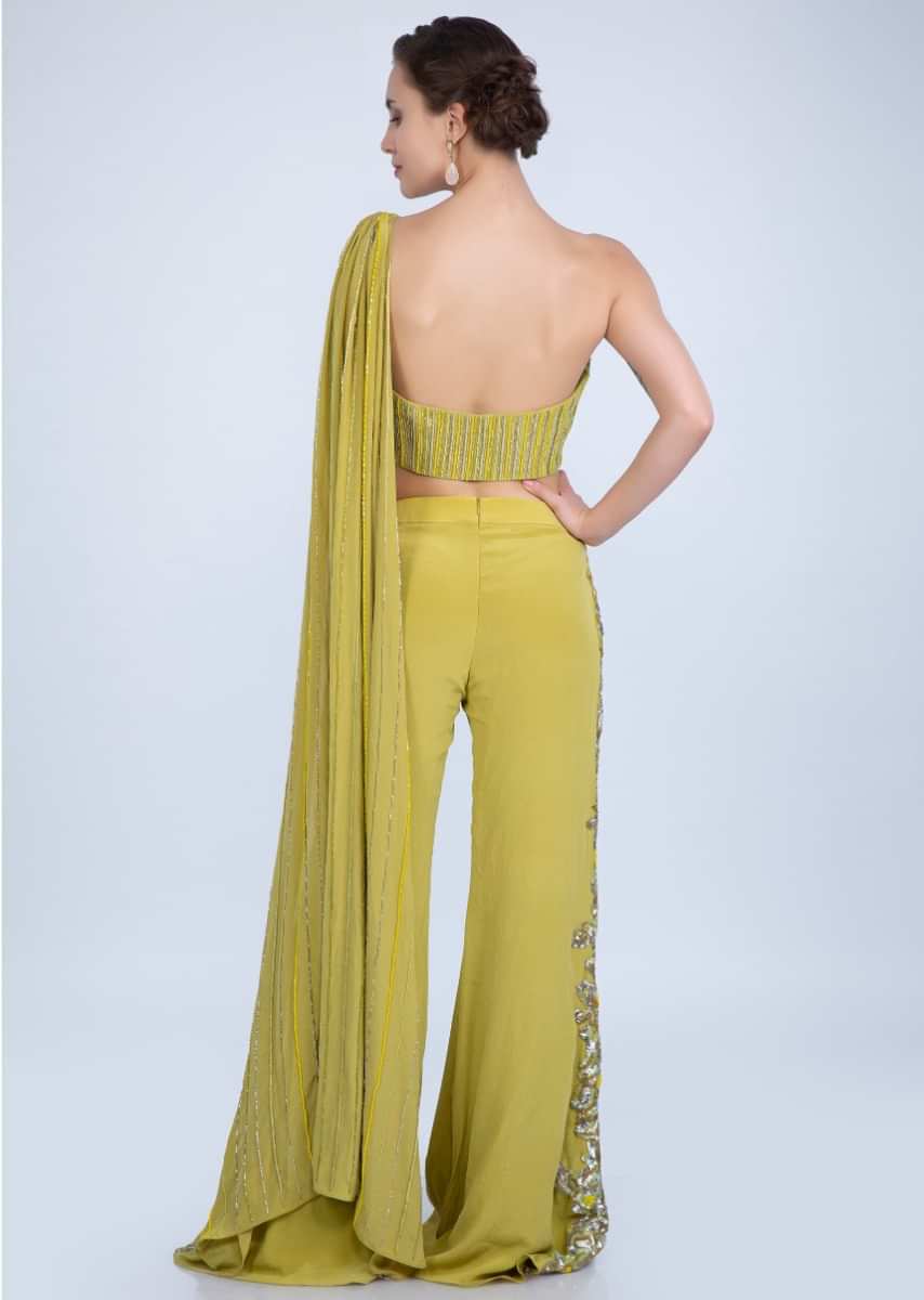 Citrus Green Palazzo With Side Embroidery And Strapless Corset With Attached Cape Online - Kalki Fashion