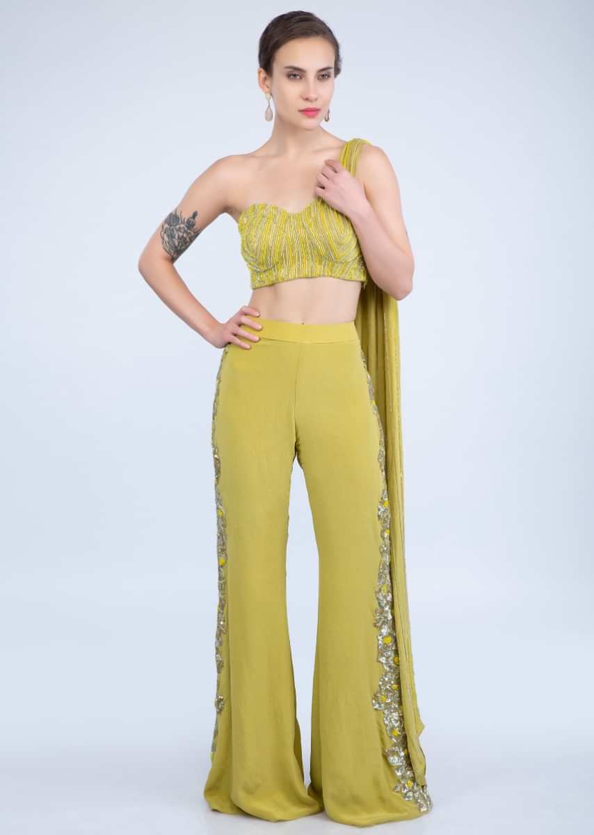 Citrus Green Palazzo With Side Embroidery And Strapless Corset With Attached Cape Online - Kalki Fashion