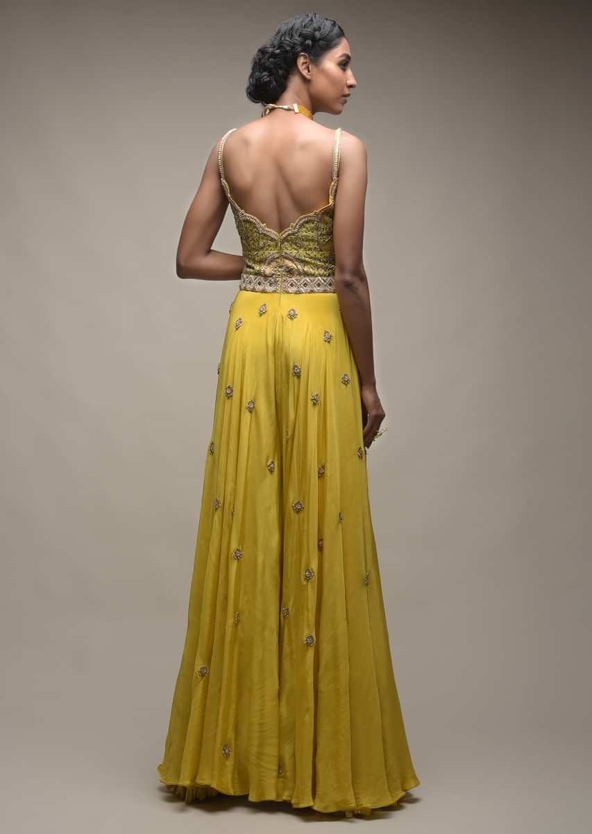 Citrus Jumpsuit In Crepe With Front Cut Out And Zardozi Embroidered Floral Jaal  