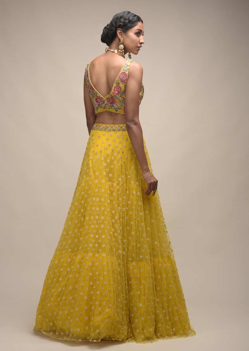 Citrus Lehenga And Crop Top With Resham Embroidered Spring Blossoms 