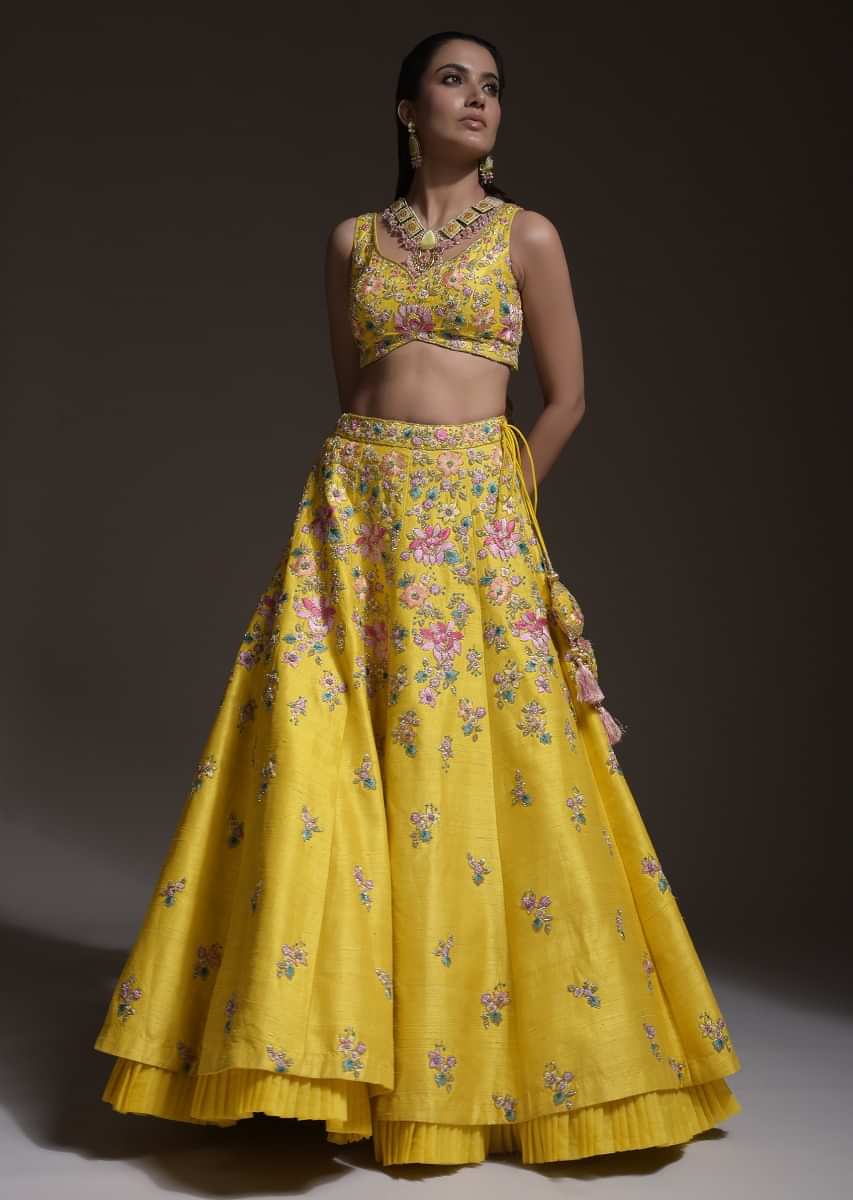Citrus Lehenga Choli In Raw Silk With Resham Embroidered Spring Blooms And Gradating Floral Buttis 