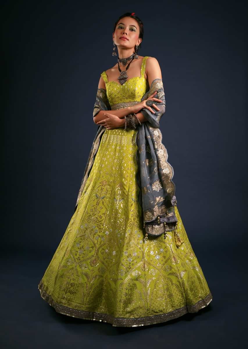 Citrus Lime Lehenga In Brocade Silk With Golden And Silver Woven Moroccan Kalis And Contrasting Grey Dupatta 