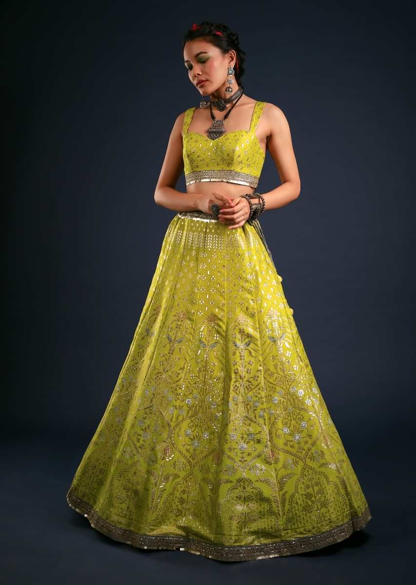 Citrus Lime Lehenga In Brocade Silk With Golden And Silver Woven Moroccan Kalis And Contrasting Grey Dupatta 