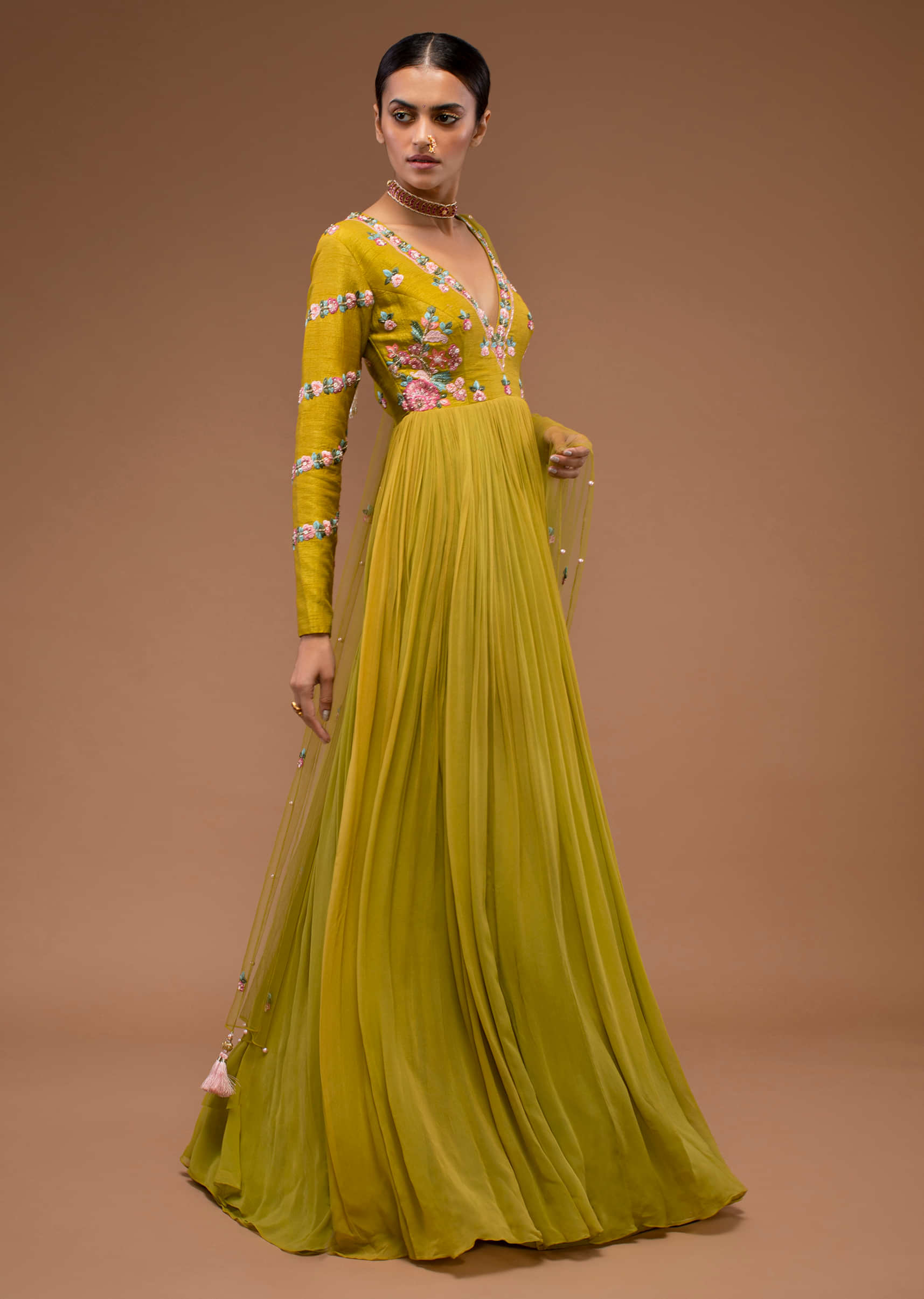 Citrus Anarkali Suit In Georgette, Crafted In Full Sleeves With Multi-Color Moti Embroidery Strands On It