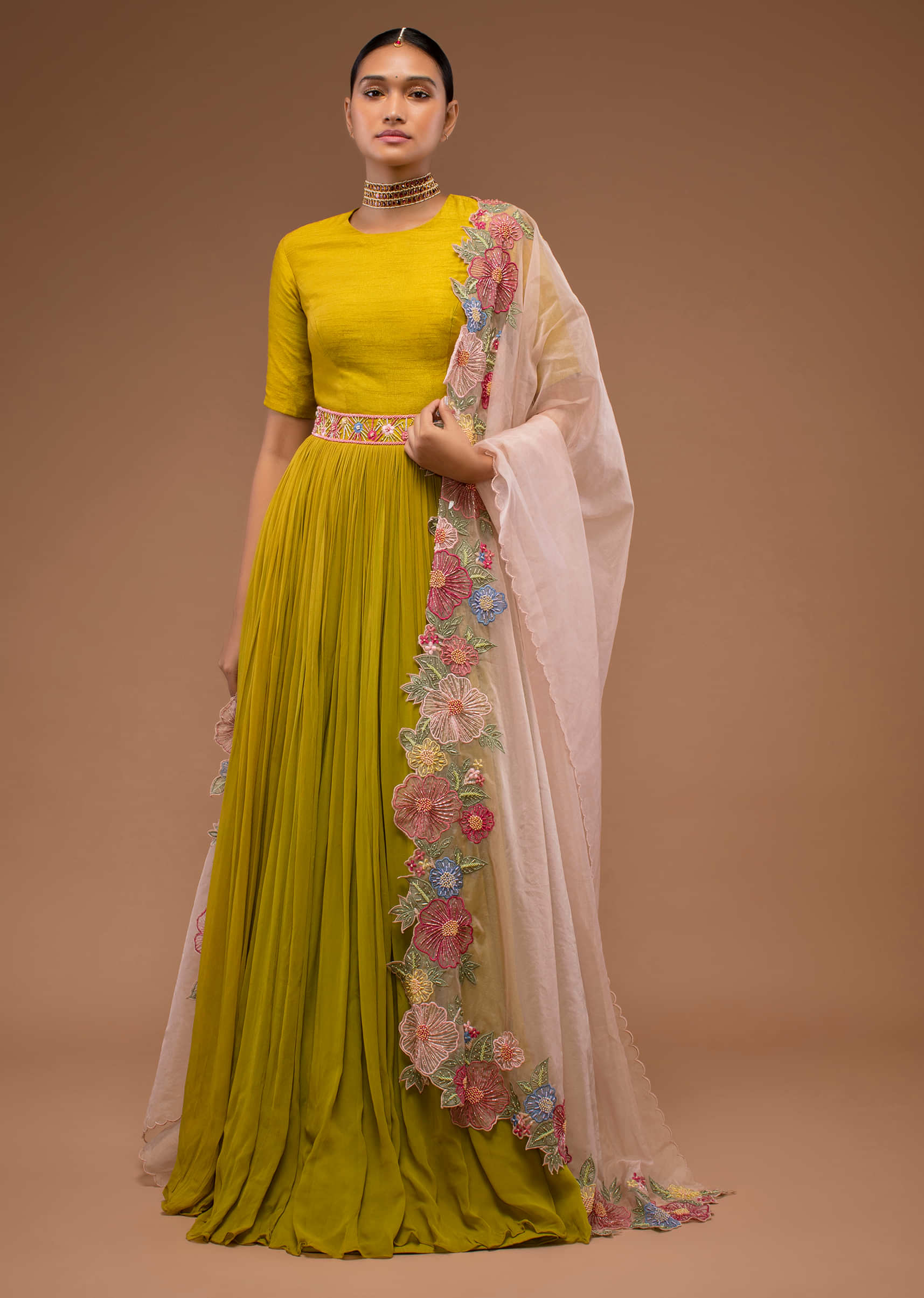 Citrus Floor-Length Sharara Suit In Resham Work Embroidery, Crafted In Georgette With Half Sleeves With Hooks Closure On The Neckline