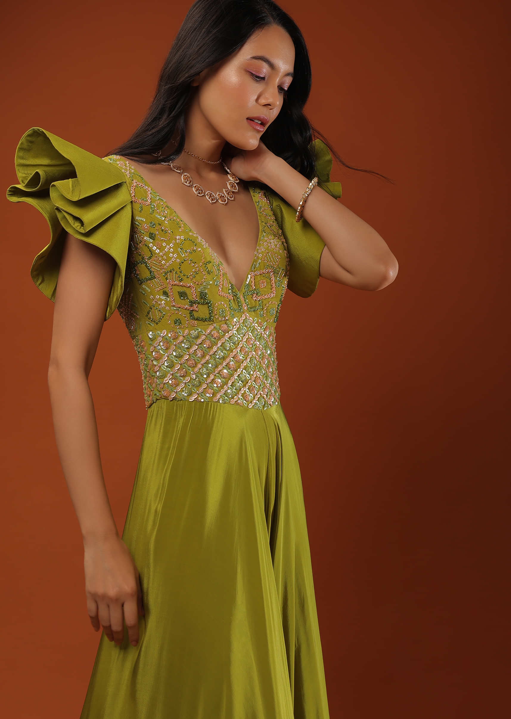 Buy Citrus Green Jumpsuit In Ruffled Sleeves, Crafted In Crepe With A V ...