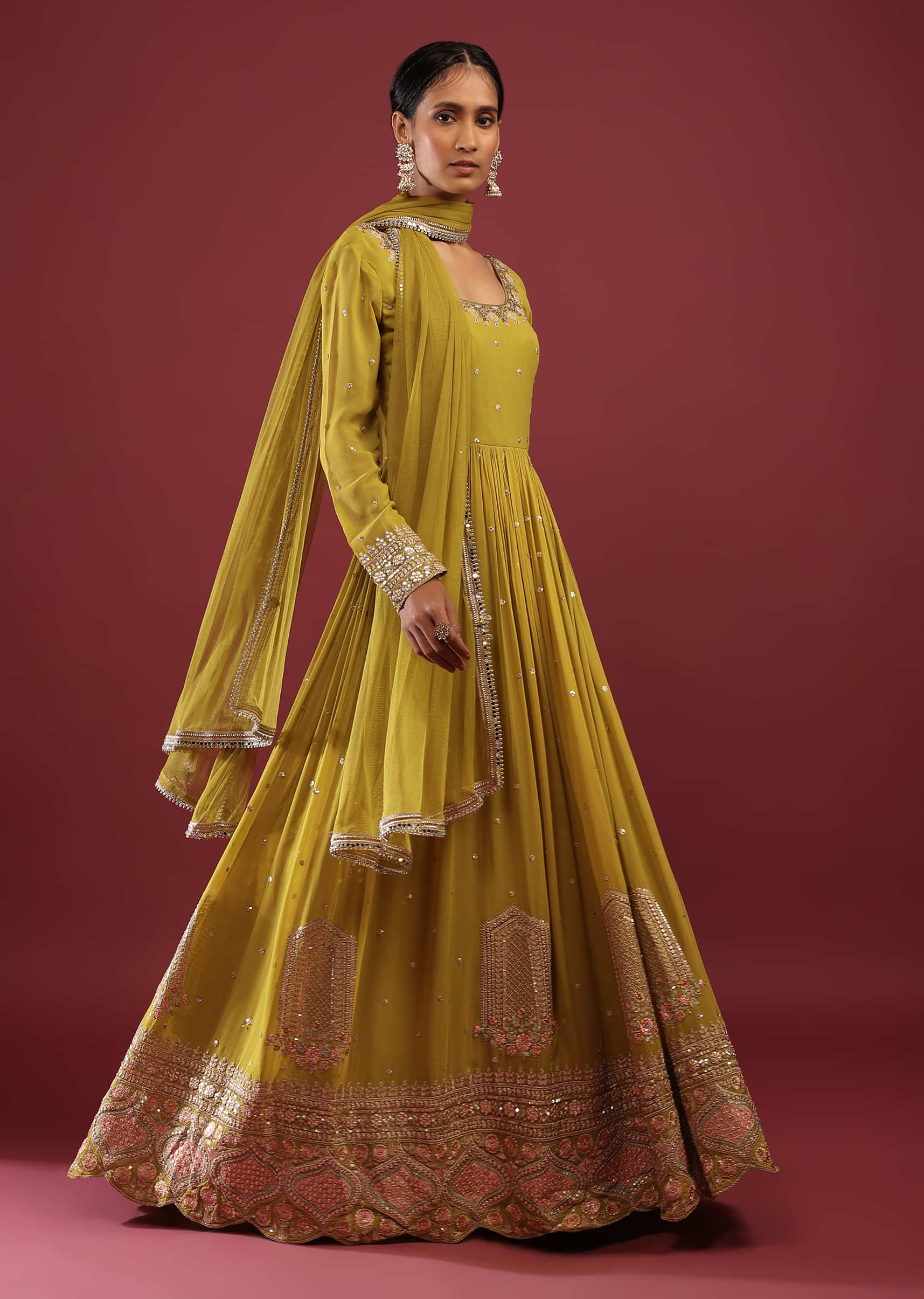 Citrus Green Anarkali Suit In Georgette With Multicolored Resham And Zari Embroidered Mughal Design