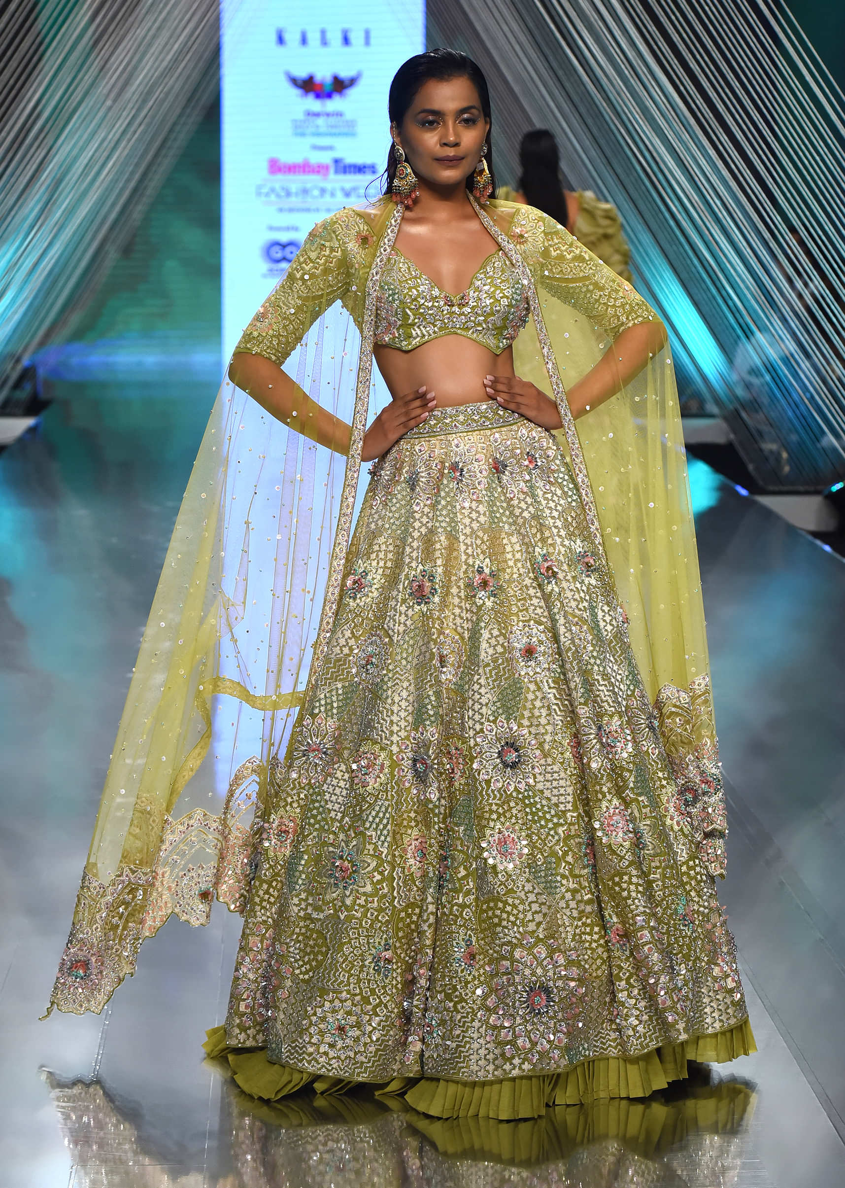 Citrus Green Organza Lehenga with a Crop Top With Resham Embroidery